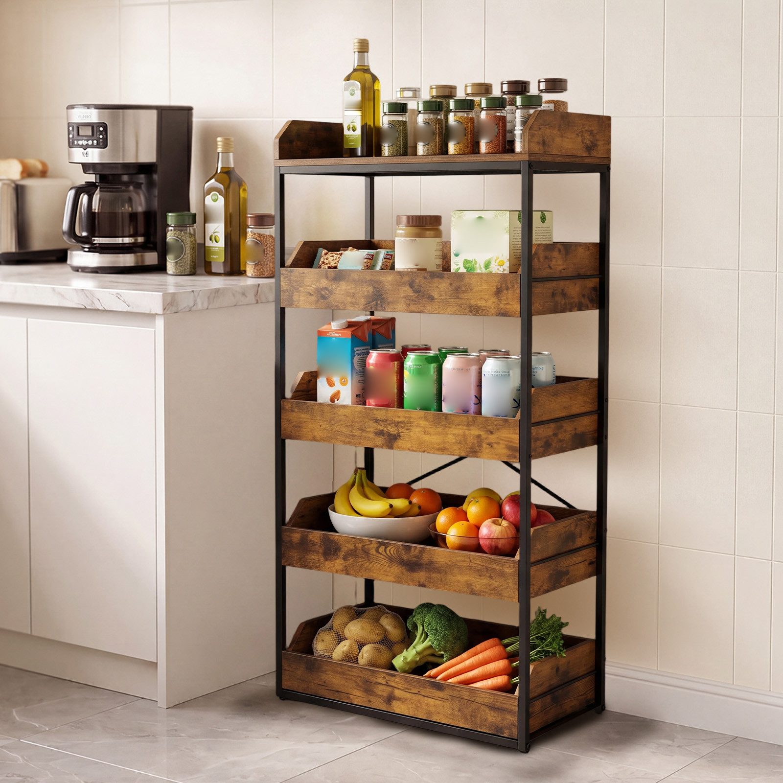 COSTWAY Küchenregal stehend mit 4 ausziehbaren Schubladen Standregal Küche, Holz – Bild 2 von 5
