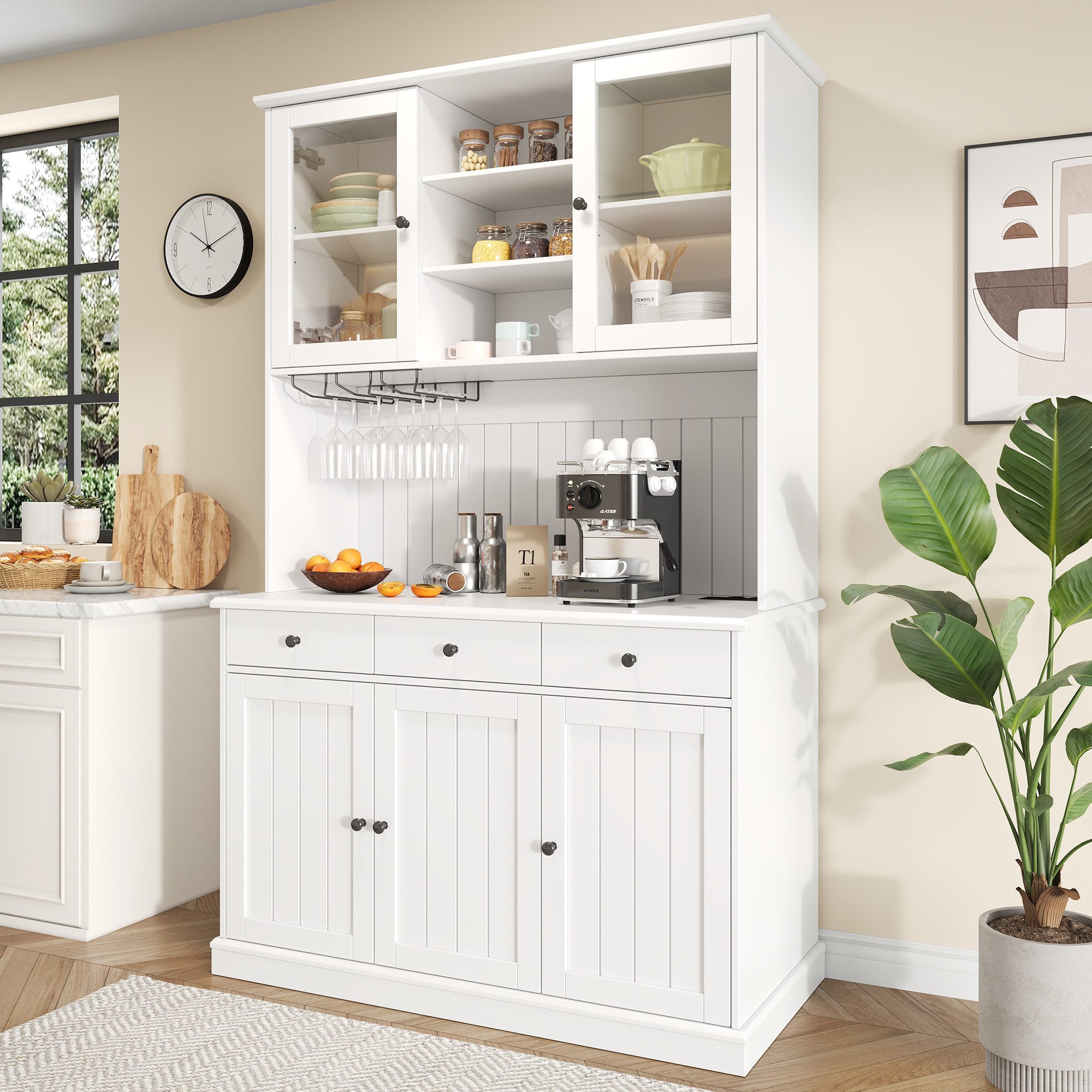 Flieks Küchenbuffet mit Steckdosen, Gläserhalter, Schubladen und Glastüren (Arbeitsplatte mit USB-C- und USB-A-Anschlüssen, 1-St., 120x40x191 cm) Hochschrank Küchenschrank Geschirrschrank mit verstellbarer Ablagen