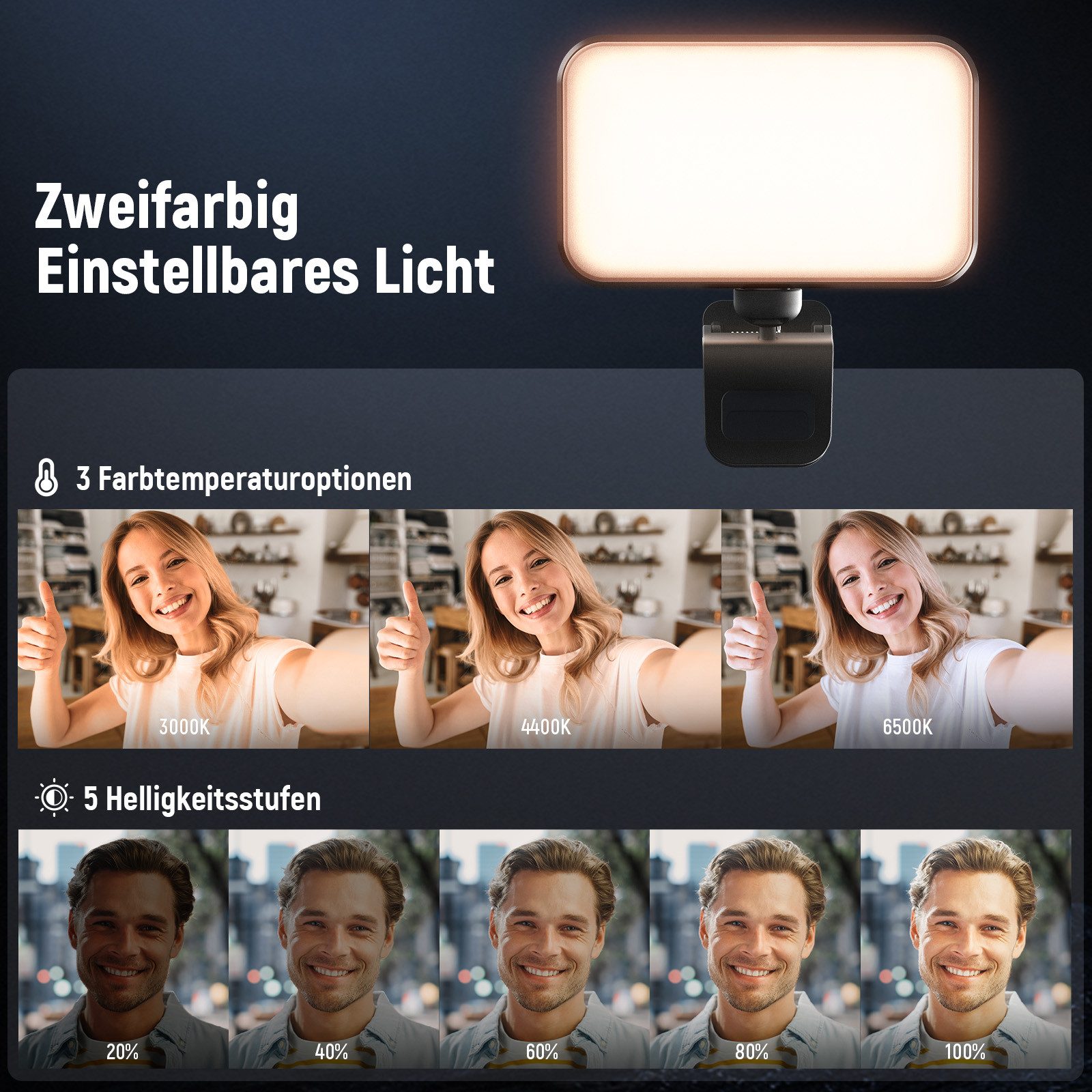 Neewer Videoleuchte N8 LED Selfie Light mit Clip für iPhone, 54 LEDs, CRI88, 650mAh, passt an Smartphones,Tablets oder PCs
