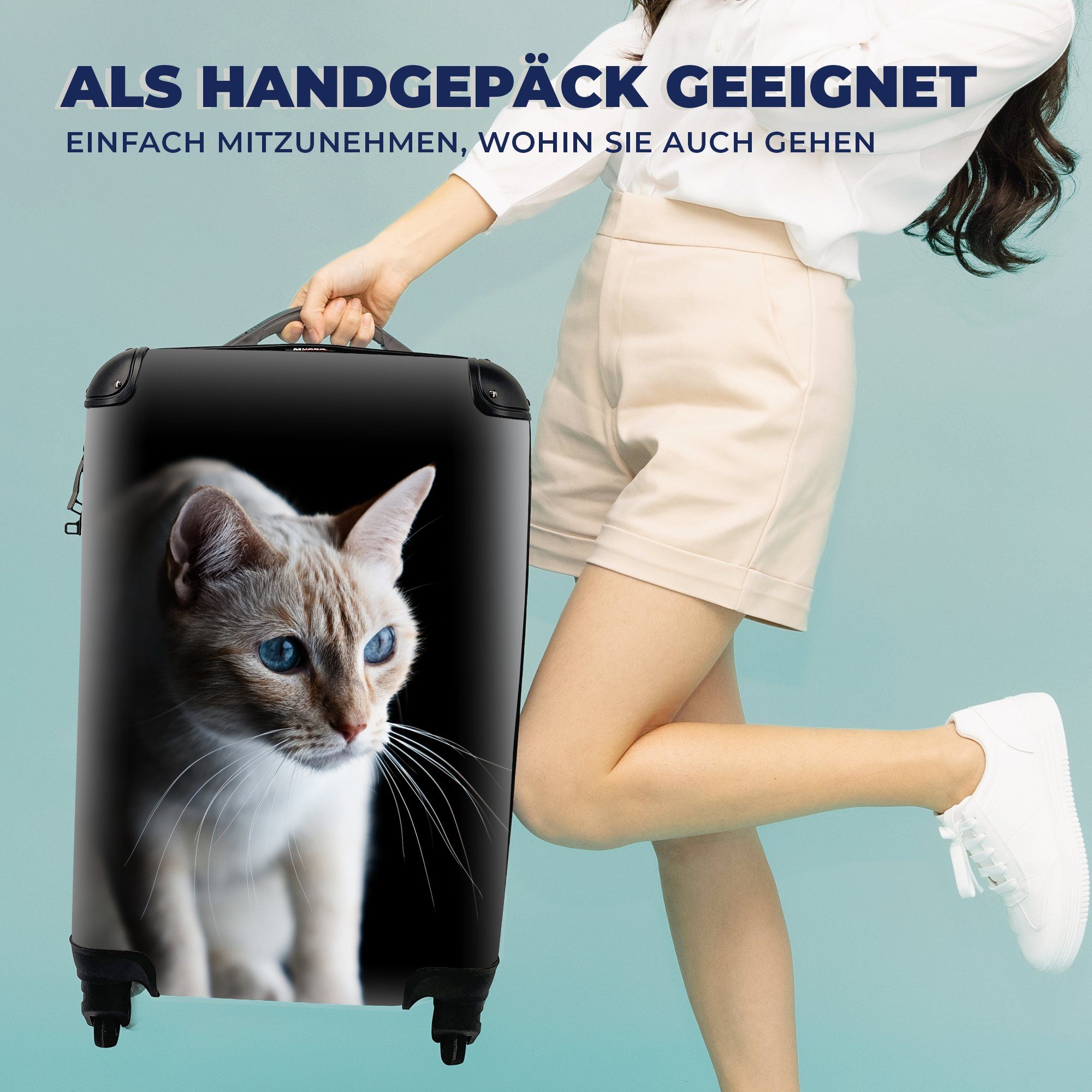 MuchoWow Handgepäckkoffer Katze mit leuchtenden Reisekoffer rollen, Trolley, Augen, Handgepäck Reisetasche 4 Rollen, für Ferien, mit