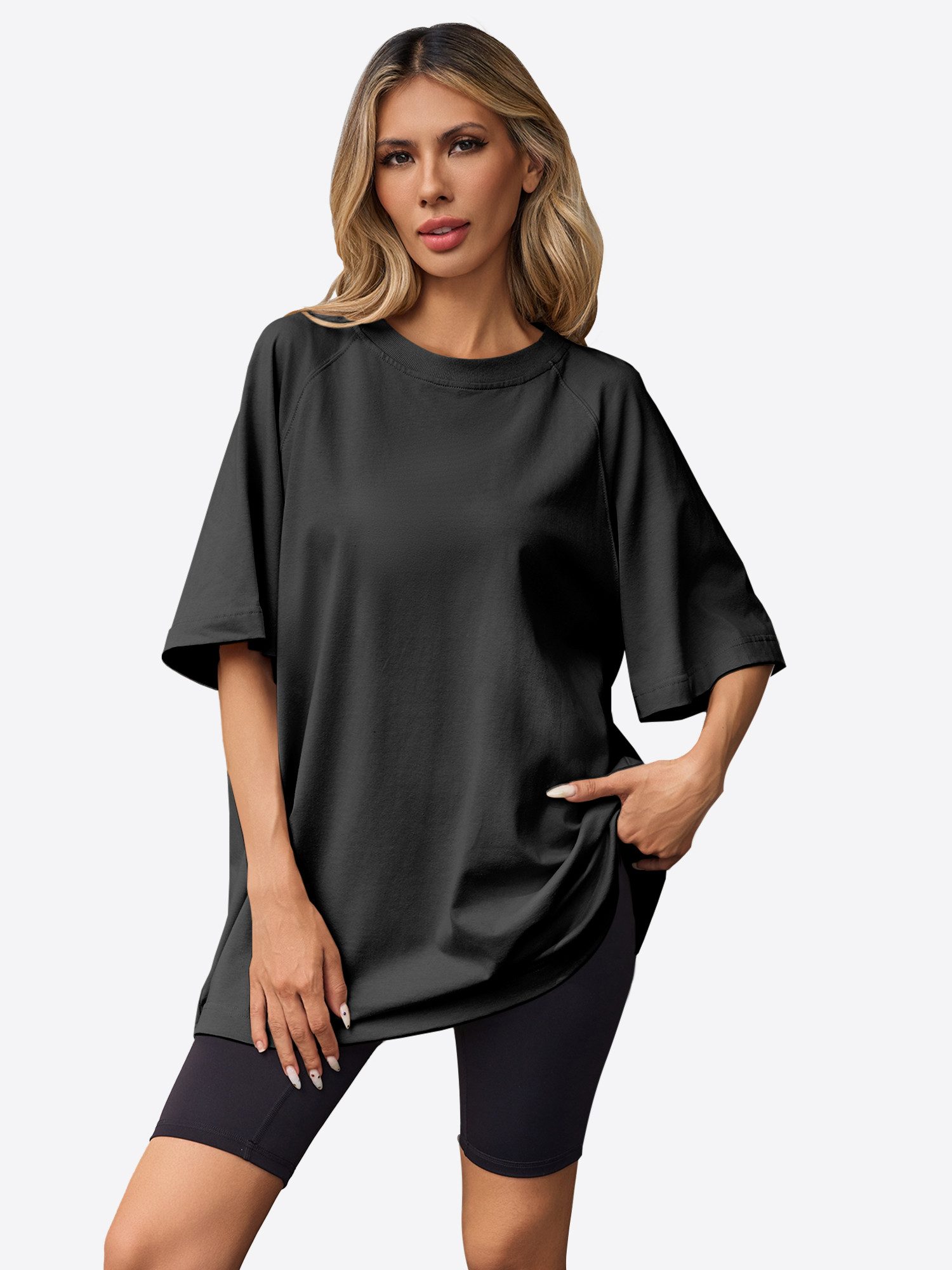 Imily Bela T-Shirt Damen Lockeres Raglanärmel mit Seitenschlitzen und Rundh günstig online kaufen