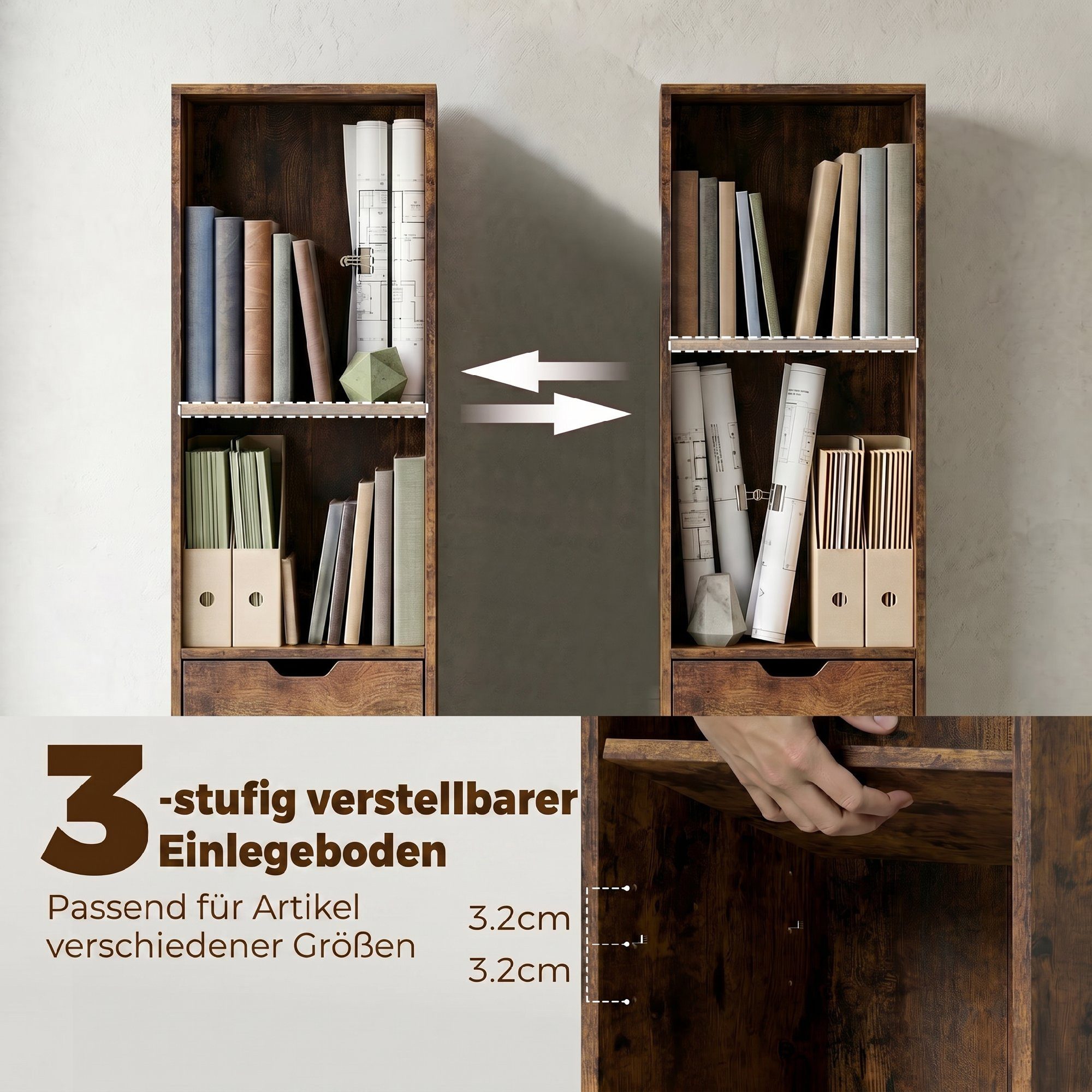 HOMCOM Bücherregal Schmaler Aufbewahrungsregal, Standregale 1-tlg., für Wohnzimmer, Büro, Rustikal-Braun – Bild 5 von 5