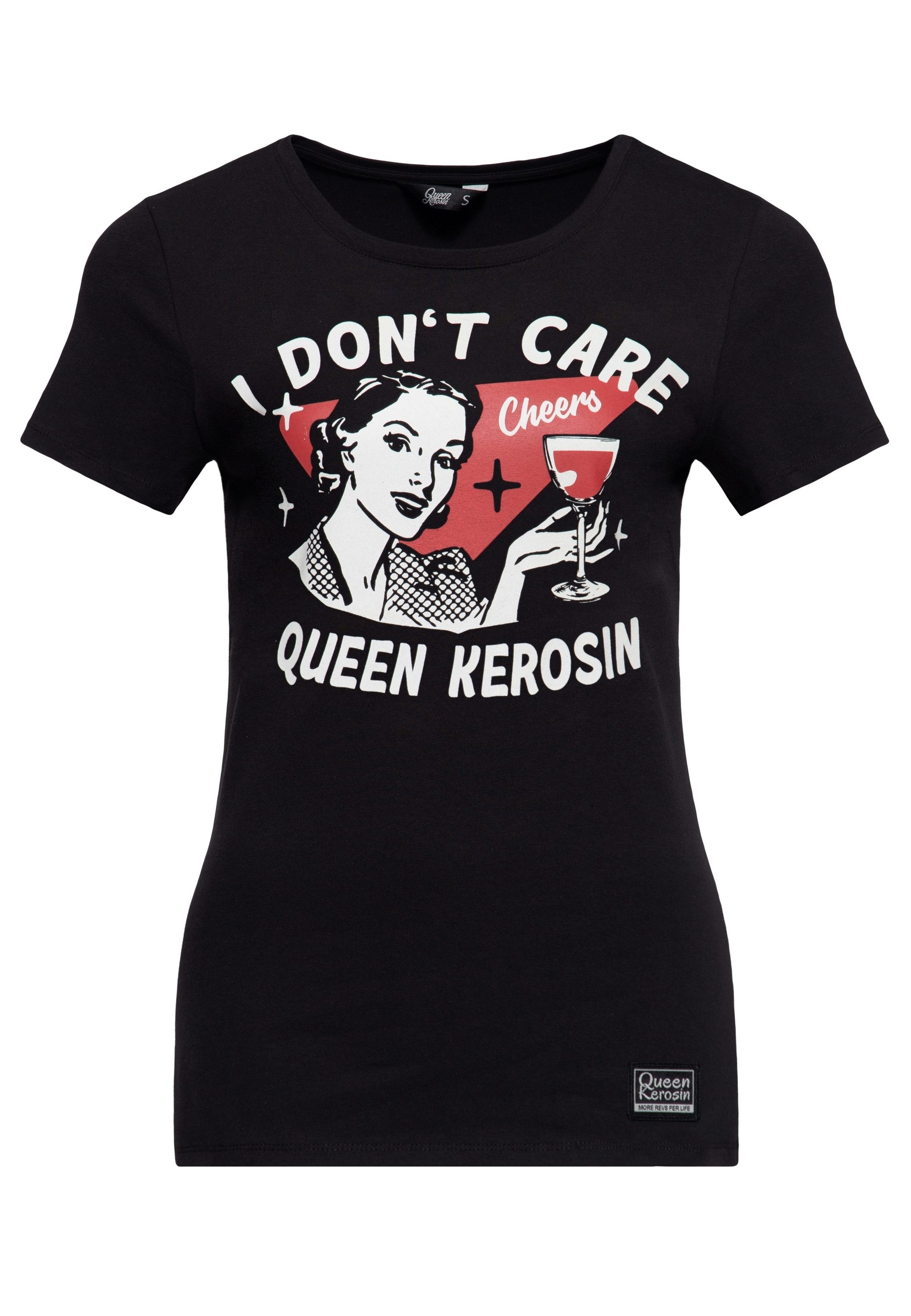 QueenKerosin Print-Shirt I Don't Care Frontprint im Werbegrafik-Stil mit prostender Dame und Spruch