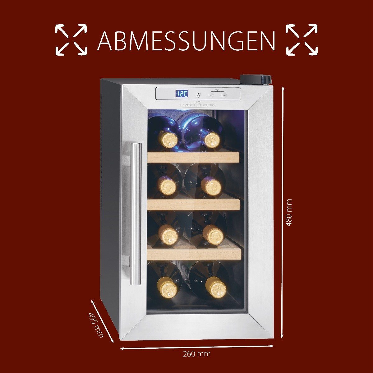 cm 8 Weinkühlschrank breit, 48 Flaschen 26 cm ProfiCook Getränkekühlschrank hoch, für 1233, PC-WK