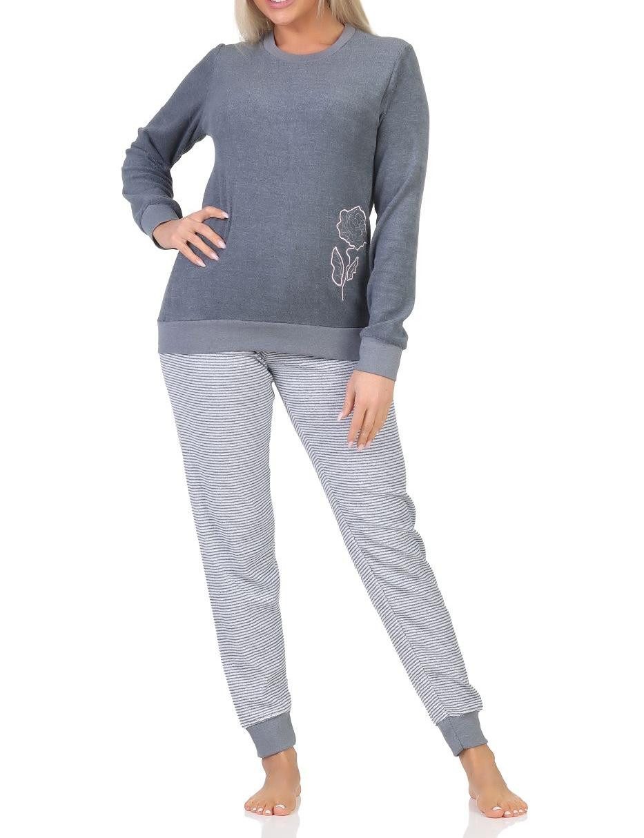 Normann Pyjama Damen Frottee Schlafanzug lang mit Bündchen und floraler Applikation