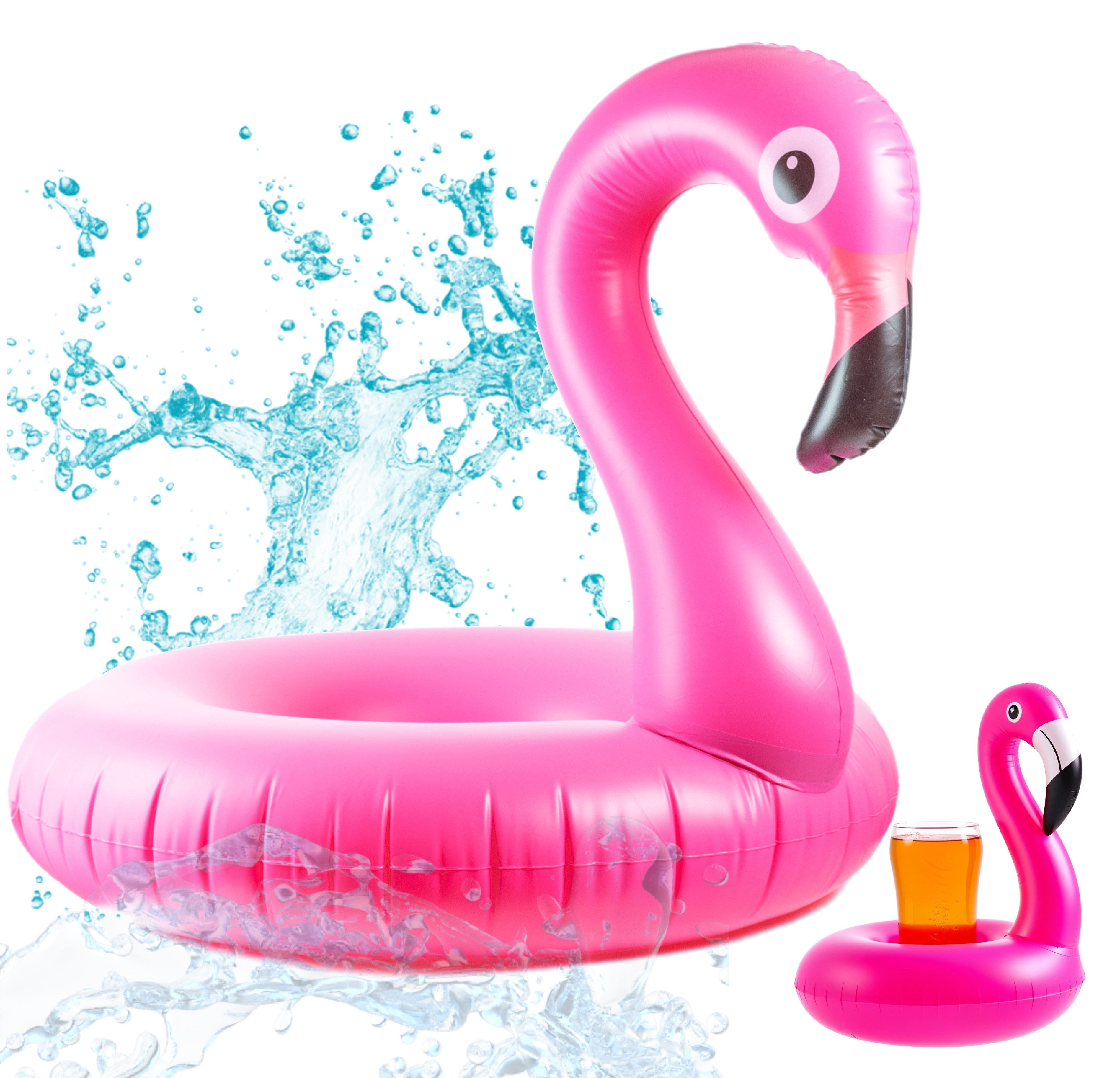 Aufblasbare Schwimmfigur Flamingo Schwimmring - pink mit 1x Getränkehalter Pool