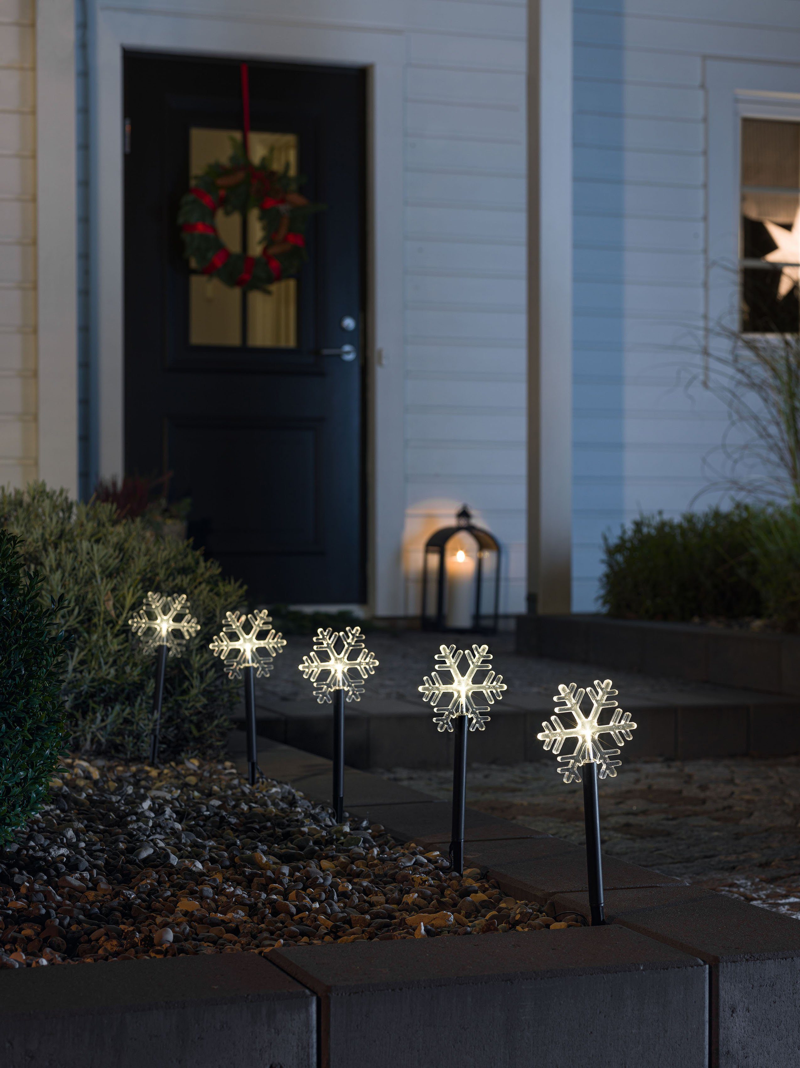 KONSTSMIDE LED Gartenleuchte Weihnachtsdeko aussen, LED fest integriert,  Warmweiß, LED Spiessleuchte mit 5 Schneeflocken, 5 warm weiße Dioden