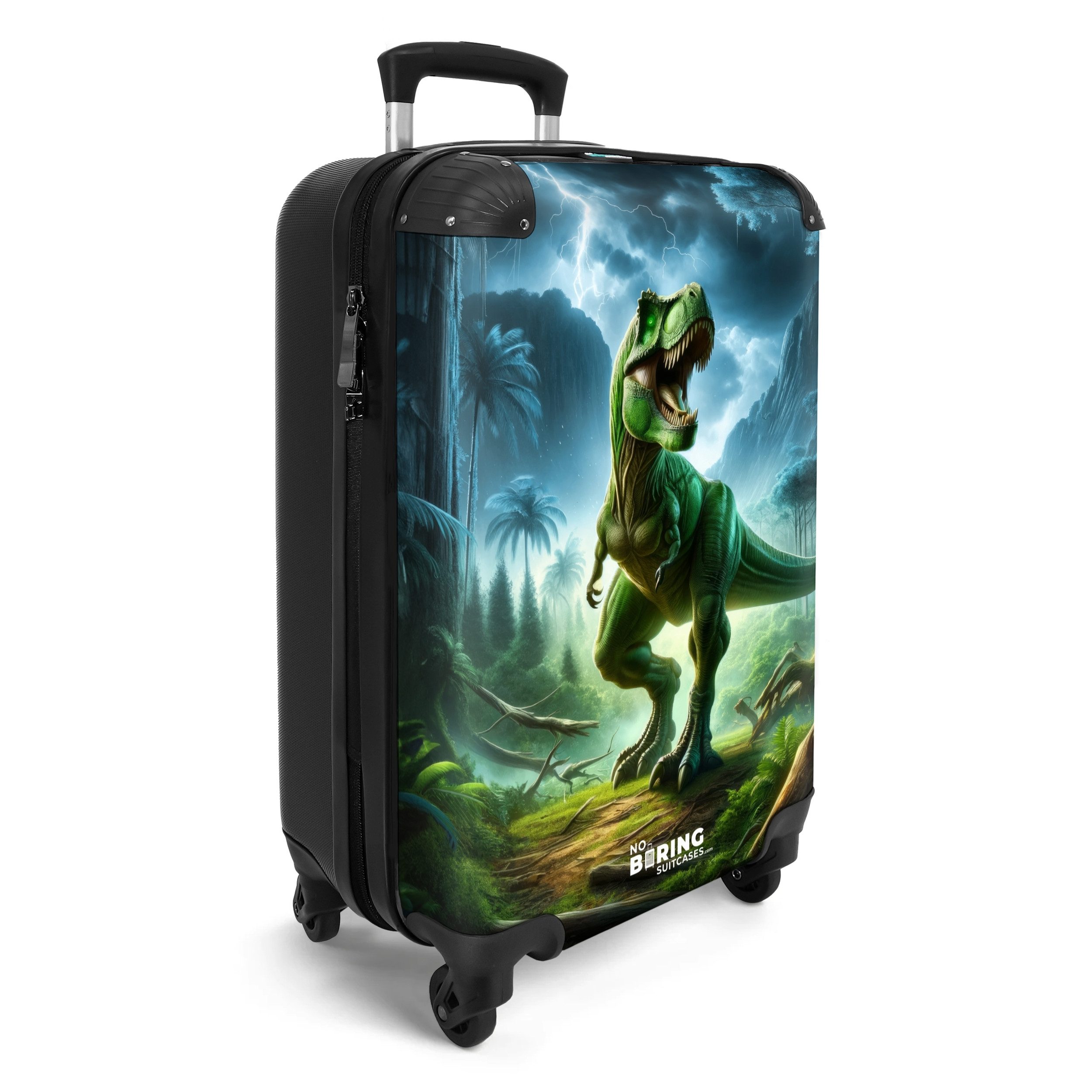 NoBoringSuitcases.com© Kinderkoffer Grüner Dinosaurier im Dschungel 55x35x20cm, 4 Rollen, Handgepäck Koffer, Hartschalenkoffer Kinder, Reisekoffer Jungen