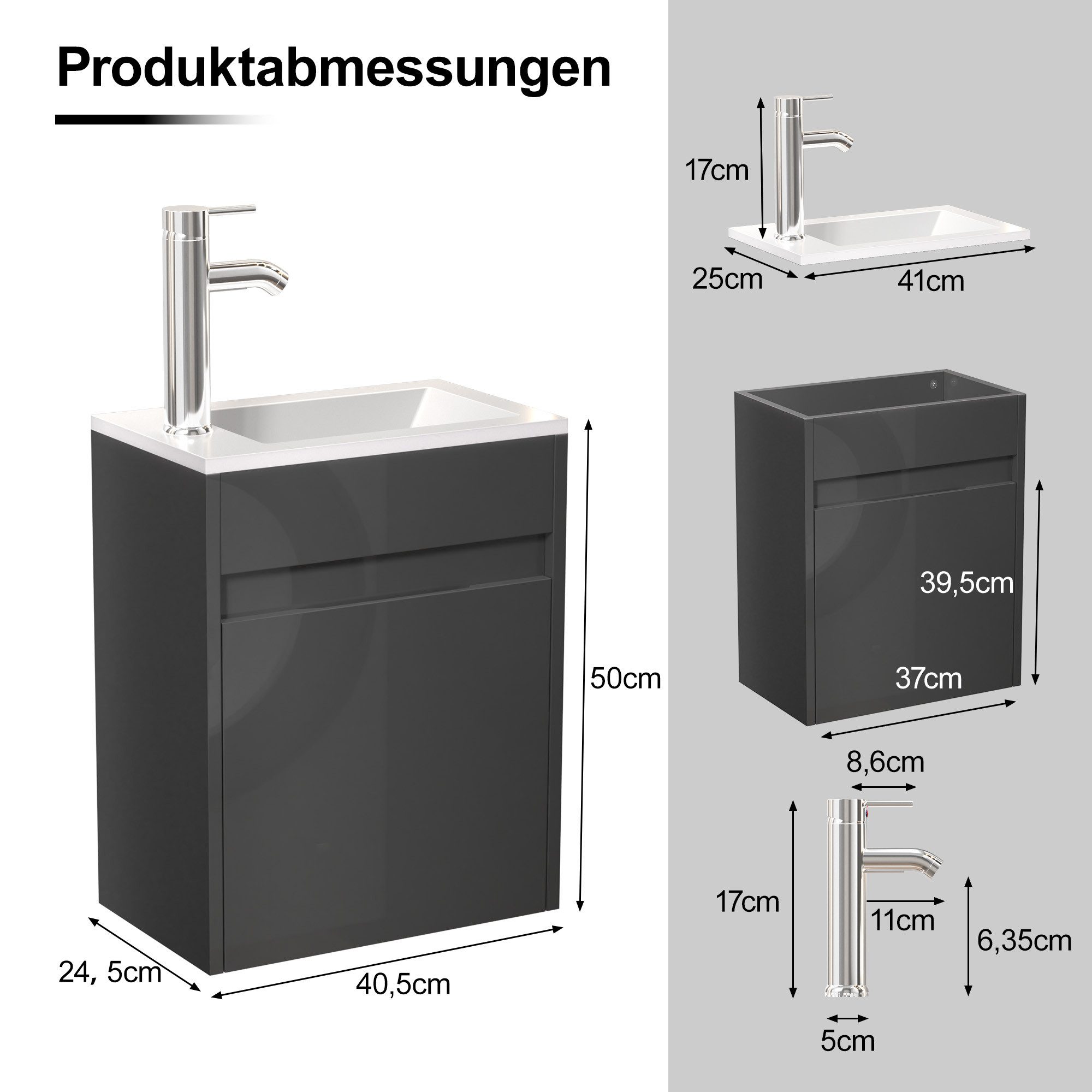 UEV Waschtisch Waschbecken klein mit Unterschrank set, Badmöbel Gäste-WC (Badmöbel Badezimmmer Schrank, Aufsatz-Waschbecken, Unterschrank mit Harzbecken Gästeba – Bild 5 von 5