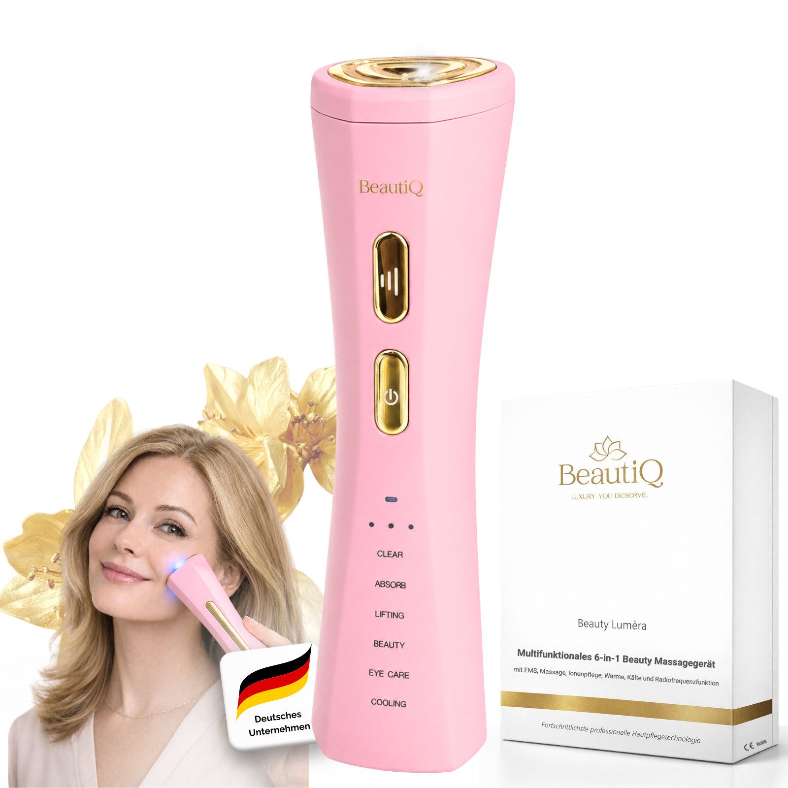 BeautiQ Gesichtsmassagegerät Lumèra PRO 6 in 1 [Beauty-Neuheit], EMS, Anti-Aging Innovation, Full Inclusive Beauty Set, EMS, Radiofrequenz, LED-Lichttherapie, Vibration, Tiefenreinigung, Lifting-Modus, Augenpflege, Kühlung, Anti-Aging