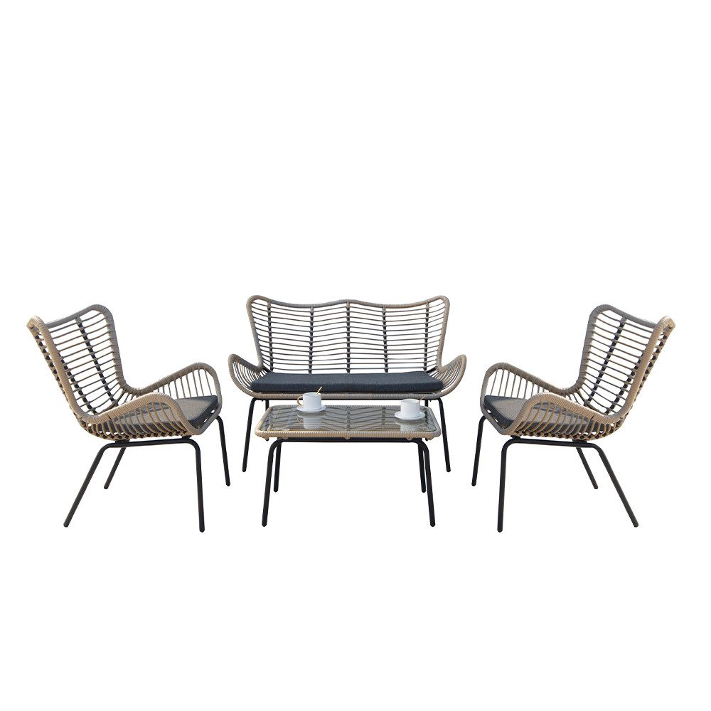 acamp Gartenlounge-Set Polyrattan Sitzgruppe 4-teilig, Stahl, Sicherheitsglas, wetterfest, (Spar-Set, 4-tlg., 4-teilig: Bank, 2 Sessel & Tisch), wetterfest, pflegeleicht, FlexMesh Polyrattan, Sicherheitsglas