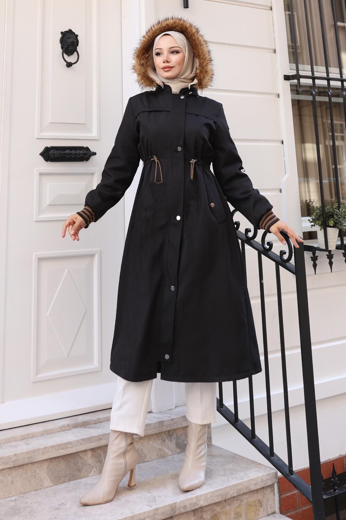 MODAMİHRAM Windbreaker Schwarze Pelzbesatz Schnürweste 19269