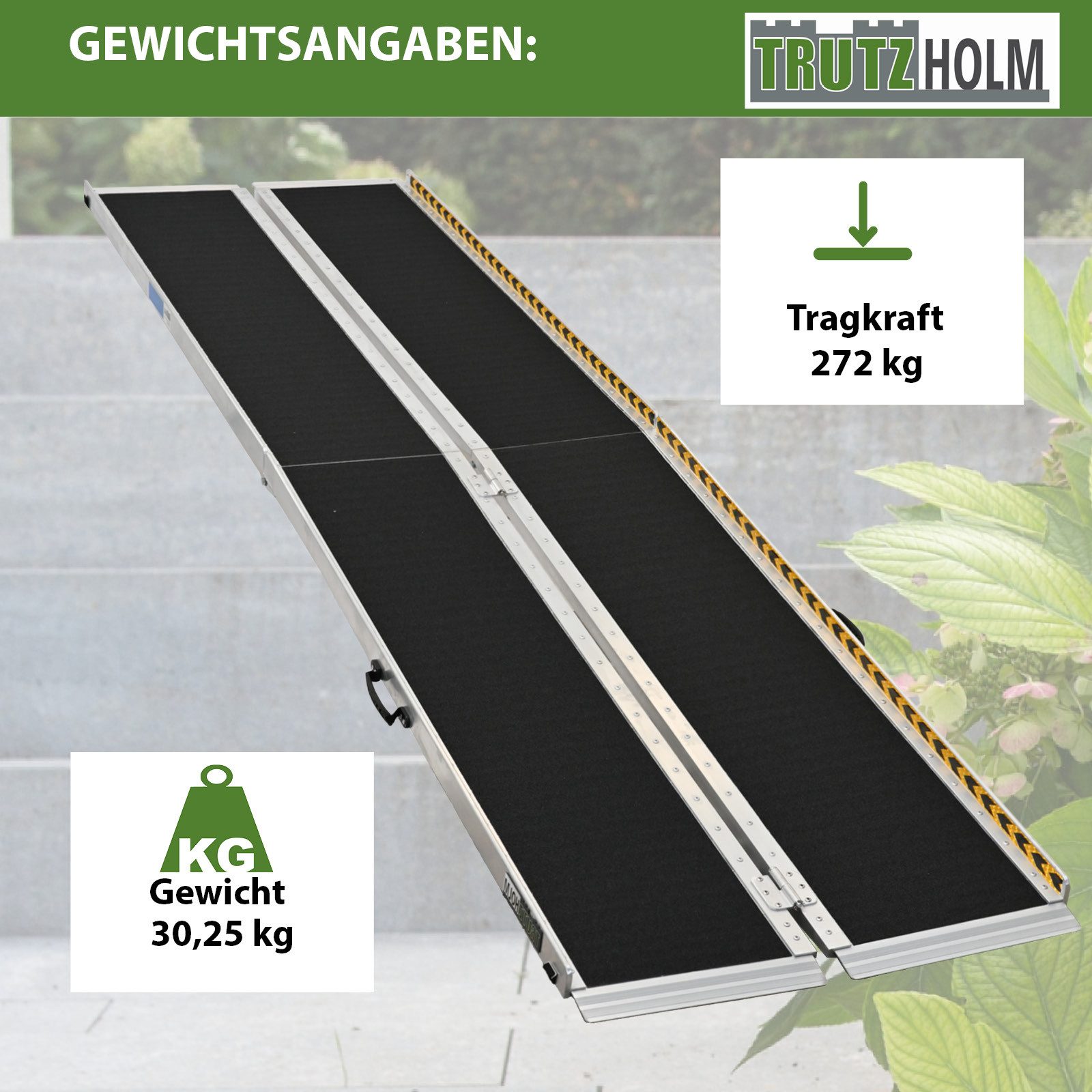 TRUTZHOLM Auffahrrampe Rollstuhlrampe Alu 2-fach klappbar 305 cm Traglast 272 kg rutschfest (Stück, 1-St), Friktionsbeschichtung