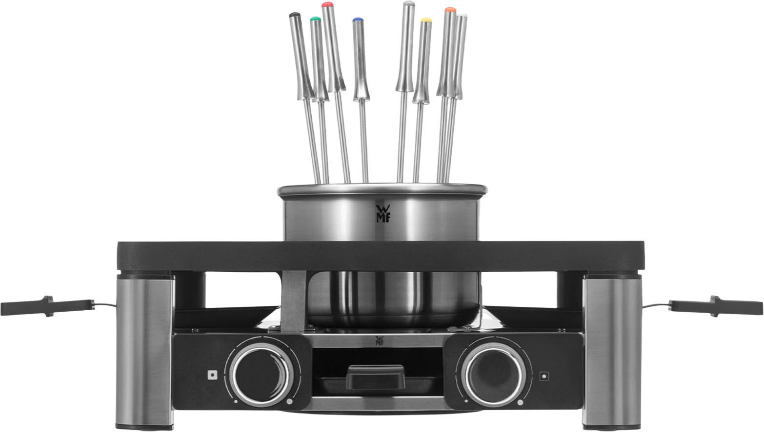 WMF Lumero Gourmet Station 3-in-1, Raclette, Fondue und Indoor-Grill, 8 Raclettepfännchen, 1800 W, spülmaschinengeeignete Pfännchen/Platte, Spritzschutz, LED-Beleuchtung
