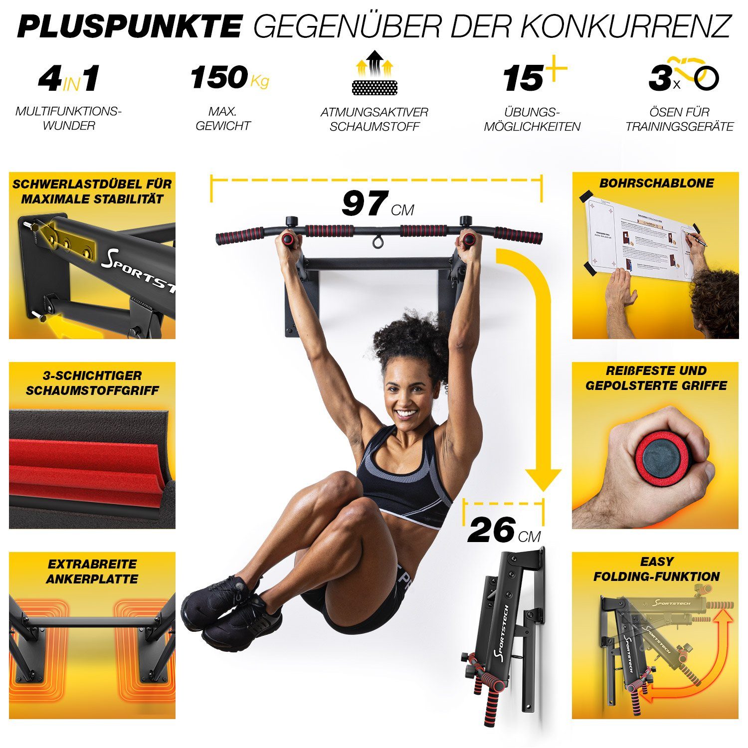 Sportstech Klimmzugstange KS350, Multifunktional, Schaumstoffgriff