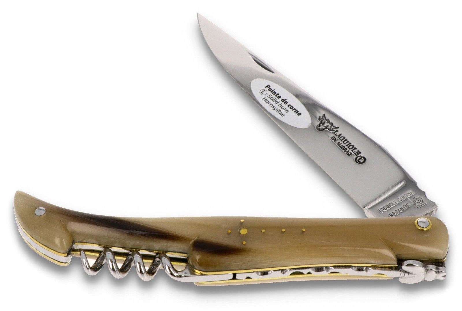 Laguiole en Aubrac Taschenmesser L0612PCLF, Griff 12cm Hornspitze - Messingplatine - Korkenzieher - Stahl glänzend