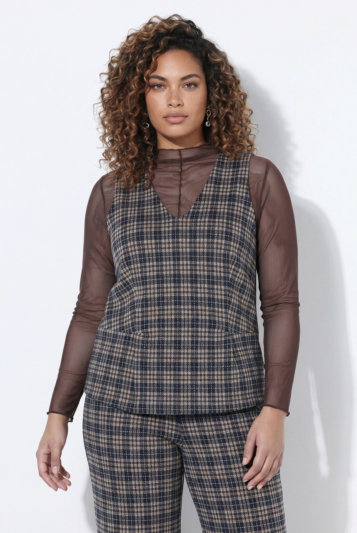 MIAMODA Longtop Top Slim Fit Karo V-Ausschnitt