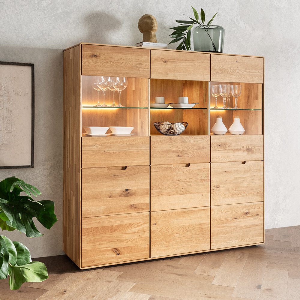 Lomadox Highboard WISLA-69, Massivholz Wildeiche geölt, 149 cm, Griffeinfräsung, Softclose