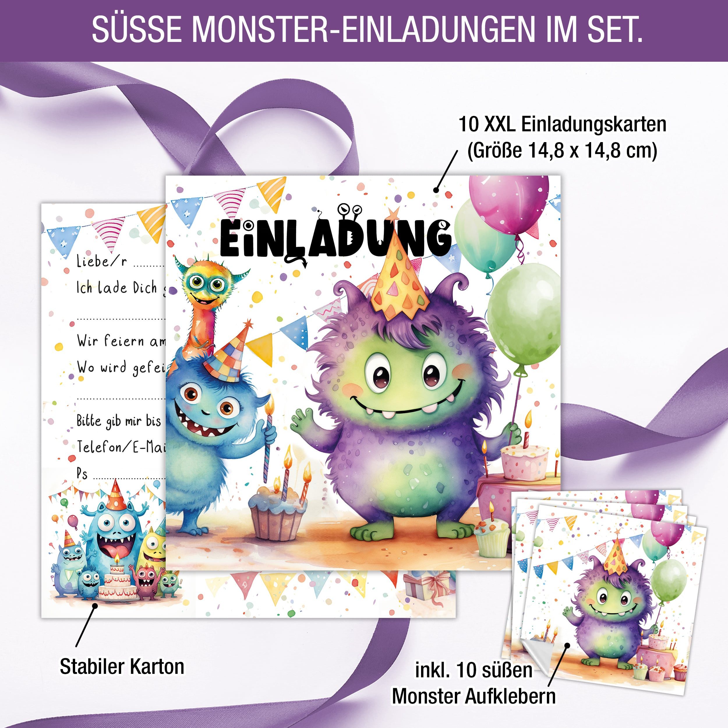 TOBJA Einladungskarten XXL 10 Monster-Einladungskarten mit Stickern, Kindergeburtstag Junge Geburtstag Einladung Kinder