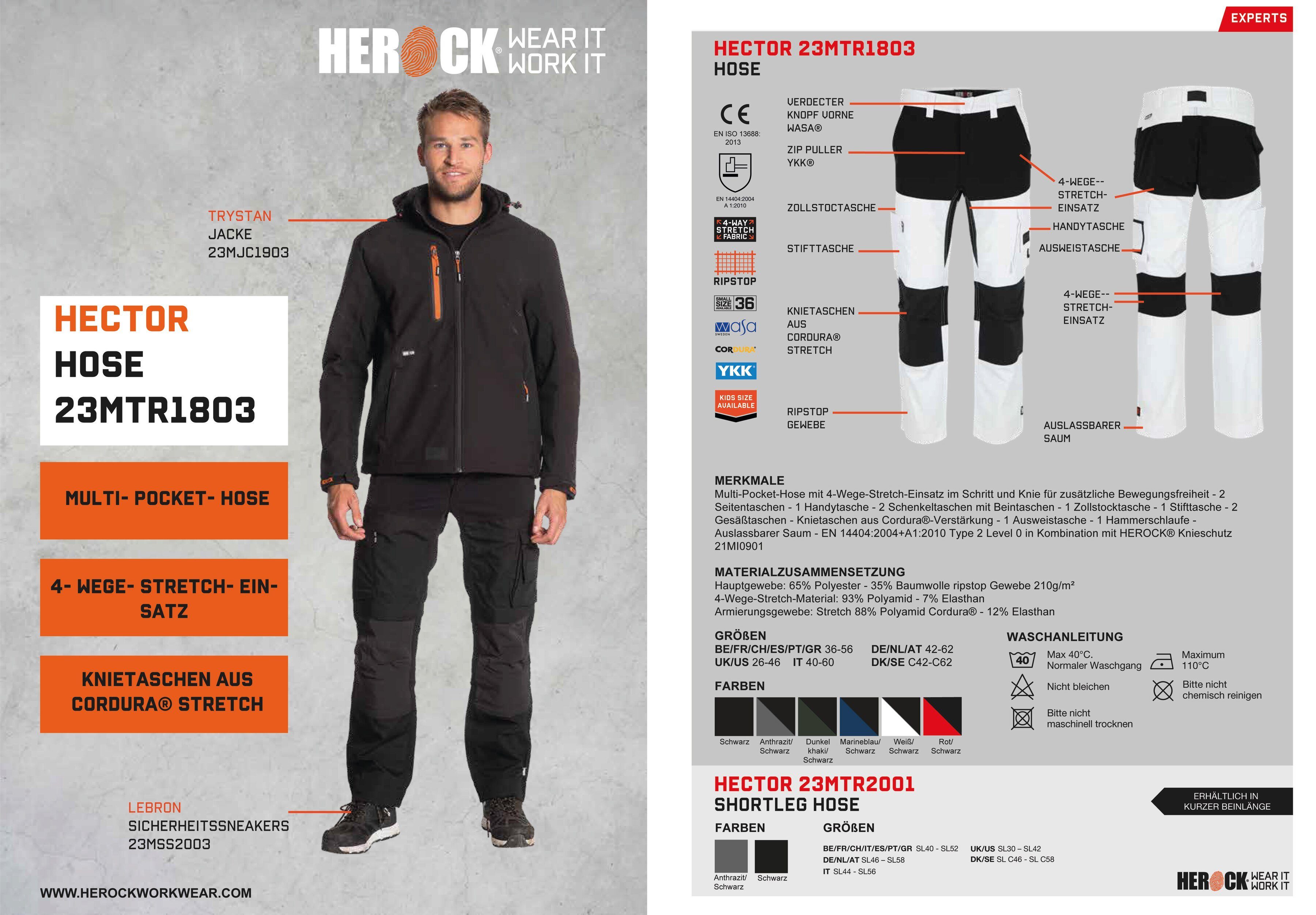 Herock Arbeitshose Hector verdeckter Hoses verstärkte Knietaschen weiß Knopf, 4-Wege-Stretch, Multi-Pocket