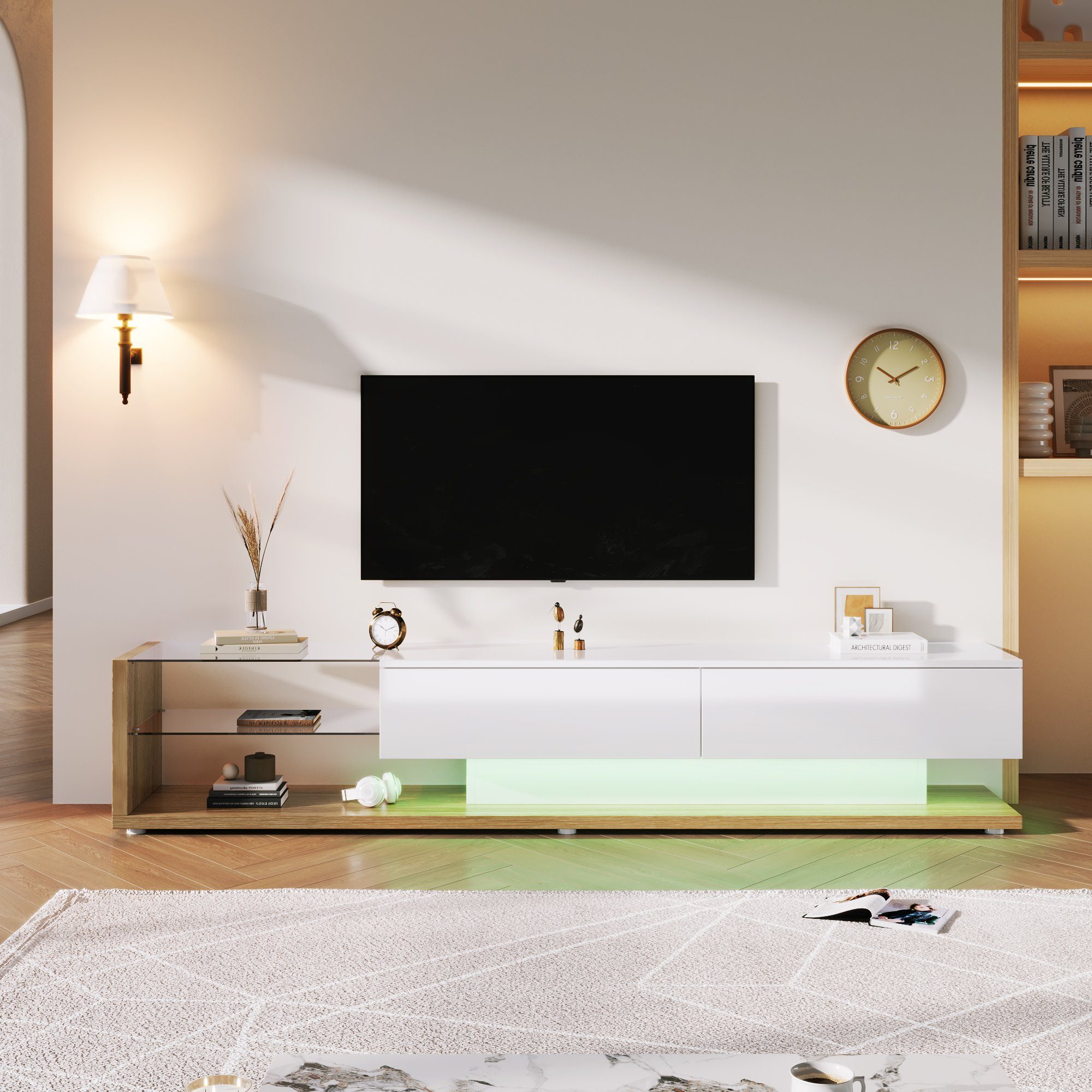 WISHDOR Lowboard TV- Schrank, Glastrennwände Bruan+Weiß variable und LED-Beleuchtung