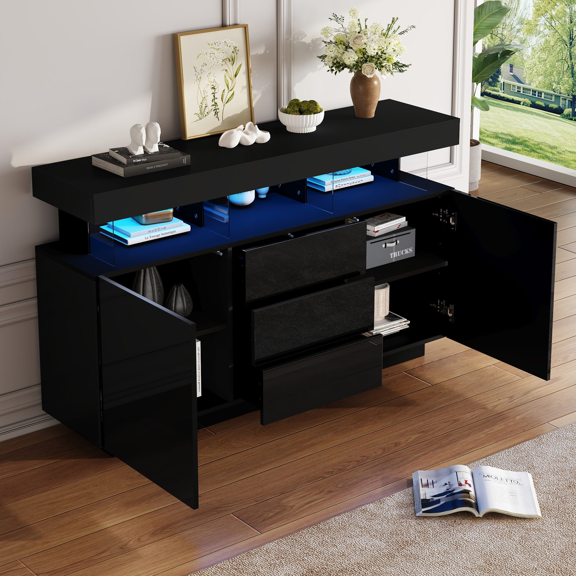 STILVORA Sideboard Schwarz Kommode mit Schubladen&LED-Licht Mehrzweckschrank hochglanz (1 St)