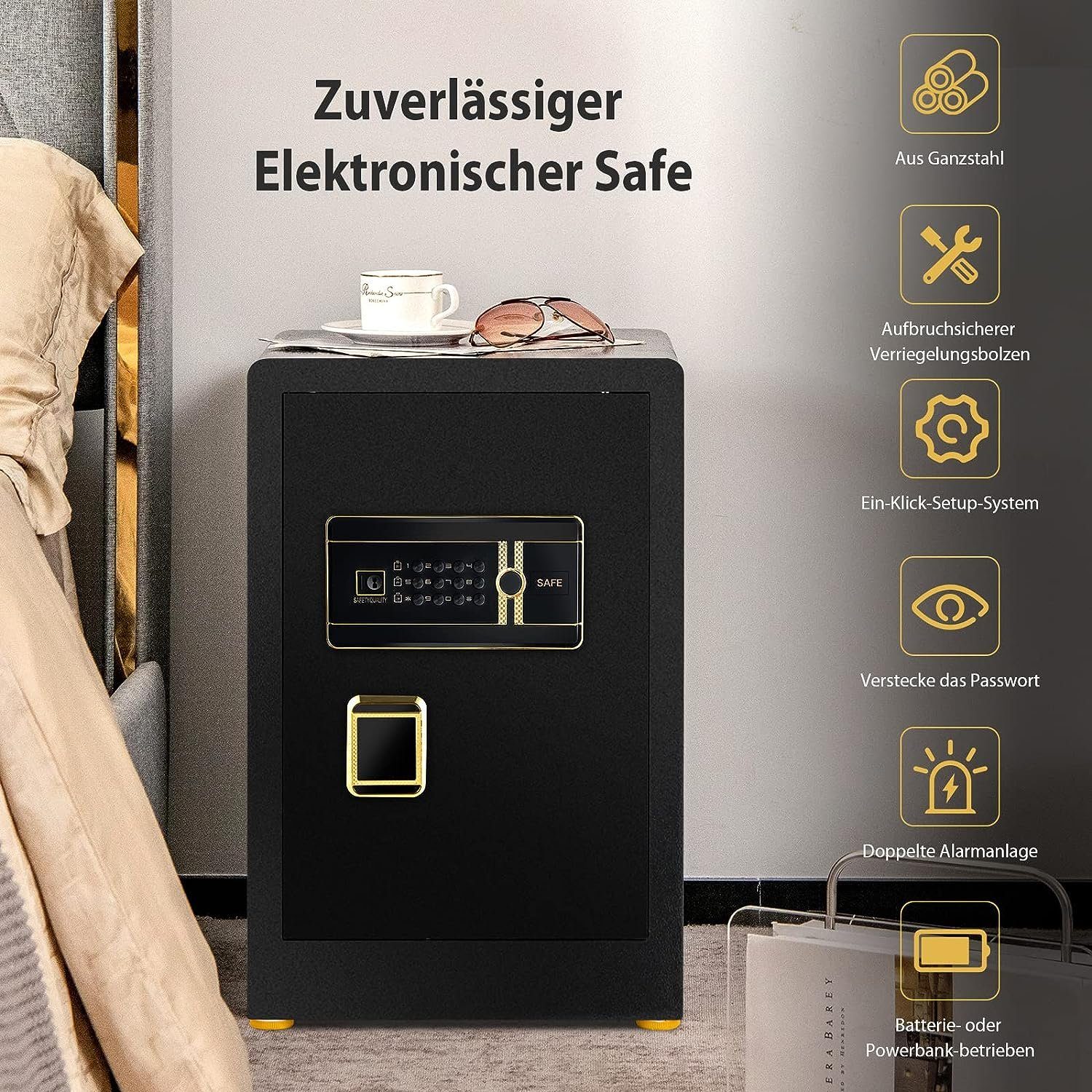 KOMFOTTEU Tresor mit Elektronischem Code & Schlüssel, verstellbares Regal