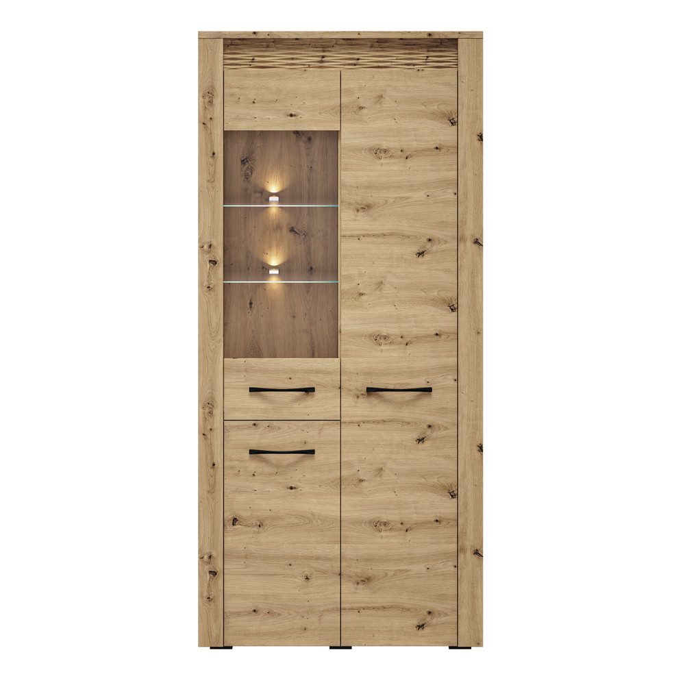 Lomadox Vitrine ARTA-131 Vitrinenschrank Eiche, Details in Wabenoptik, ca. 92x200x40 cm