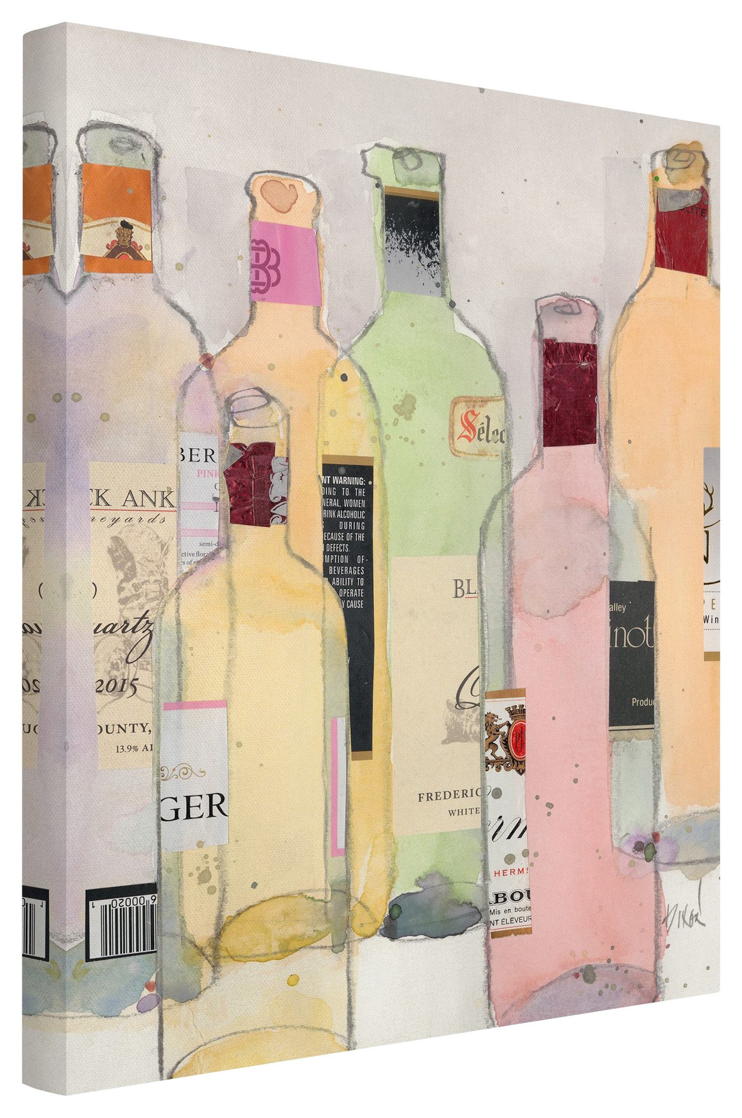 Bilderdepot24 Leinwandbild Modern Aquarell Weinflaschen Wasserfarbe creme beige Leinwanddruck XXL, Essen & Trinken, Küche Esszimmer Wandbild Kunstdruck Wanddeko Druck Bild auf Leinwand