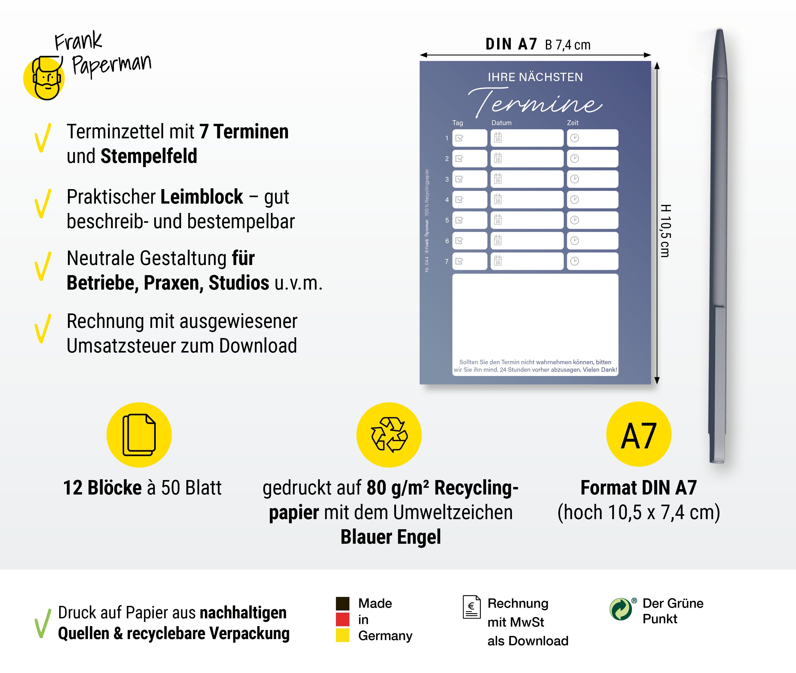 Thumbnail - Frank Paperman Terminplaner Terminzettel Praxis blau, Terminblock à 50 Blatt, Stempelfeld, Frank Paperman, 7 Termine pro...