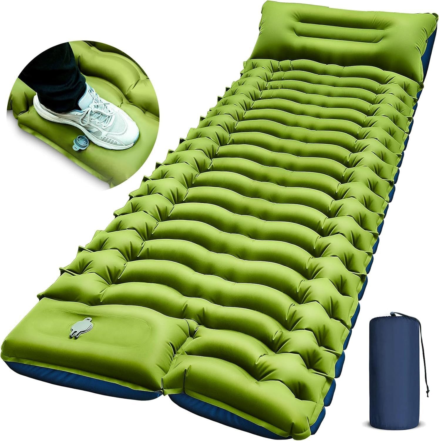ibettertec Luftmatratze Camping mit Fußpumpe & Kissen, (Aufblasbare Isomatte, Ultraleicht und Kompakt, Camping Air Mattress für Wandern), Trekking, Reisen und Strand