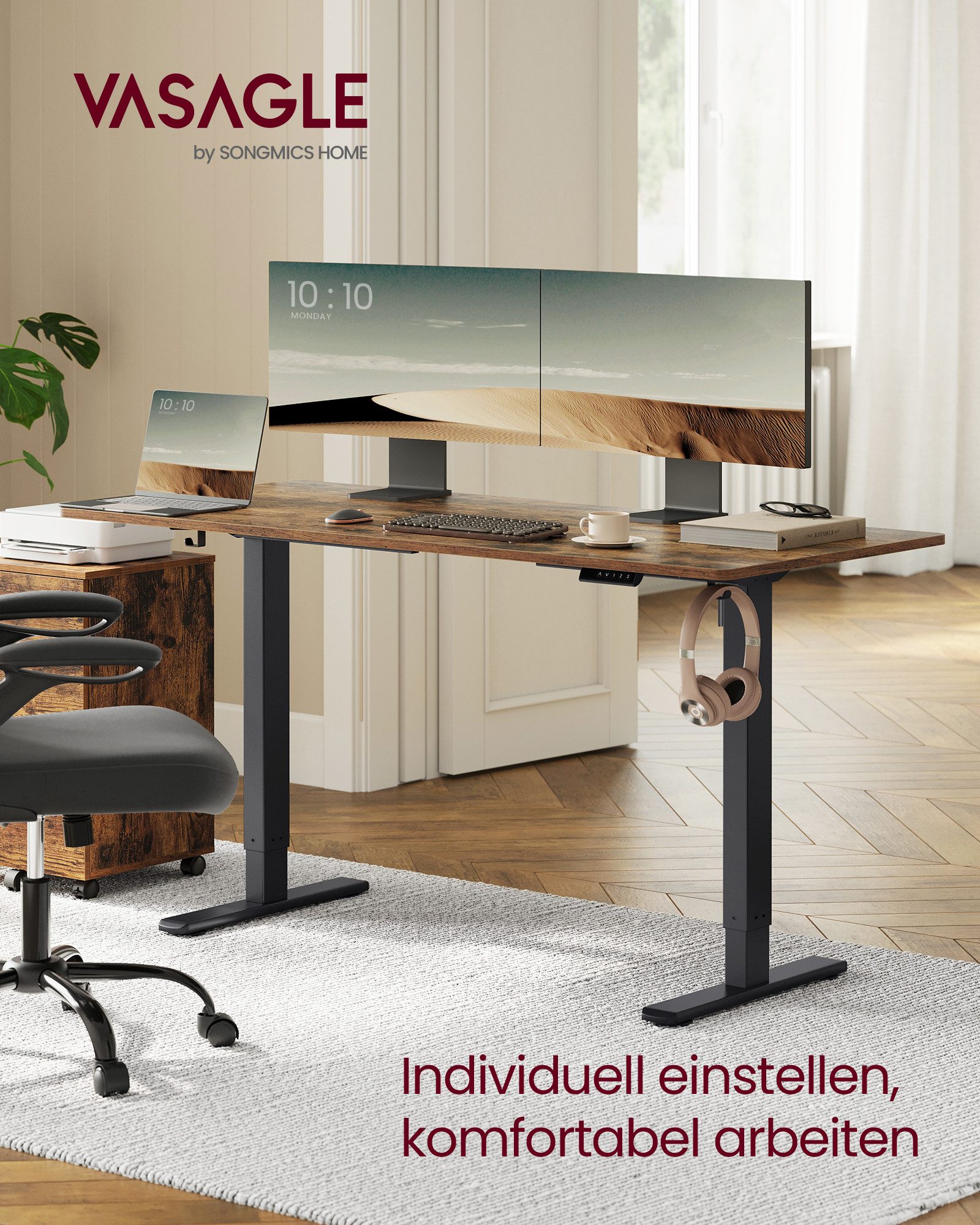 VASAGLE Schreibtisch Höhenverstellbarer Tischgestell, Elektrisch, mit 2 Haken, 4 Rollen, Memory-Funktion mit 3 Höhen