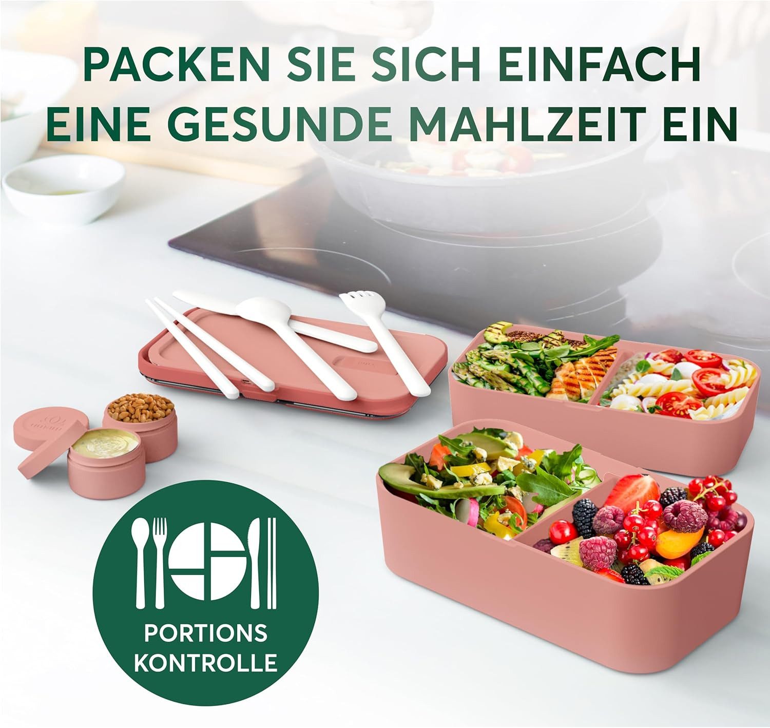 UMAMI Lunchbox Bento für Erwachsene mit Besteck und 2 Saucenbehältern, (Inkl. Zubehör Brotdose mit Fächern für Meal Prep), als Brotdosen für Salat, Snack Bento Box, Auslaufsichere Brotdose