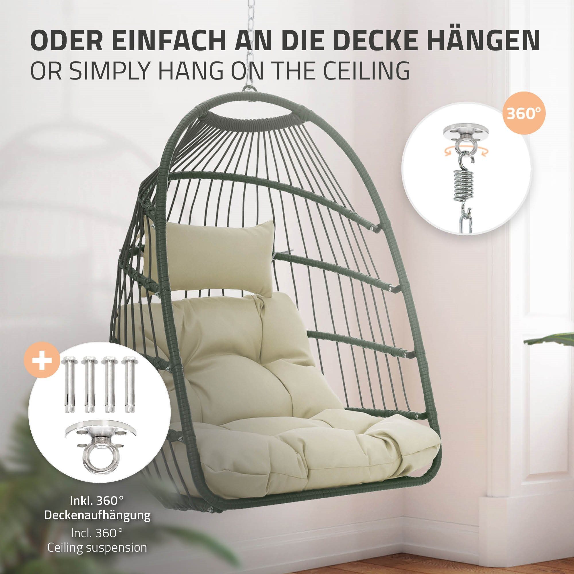 Gestell), ML-DESIGN Kissen mit (Hängesessel großen Hängesitz Hängesessel Deckenhalterung Hängeschaukel Hängekorb Khaki Hängestuhl Indoor/Outdoor Rattan-Optik