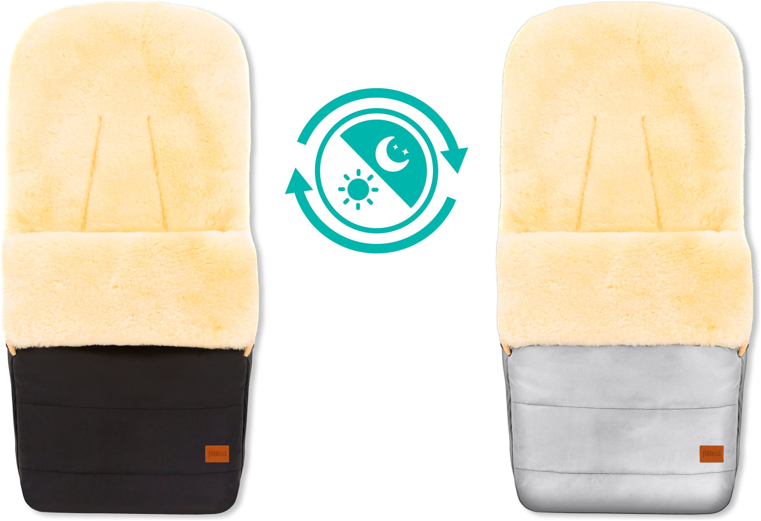 Fillikid Fußsack Bernina Reflect, Lammfell schwarz, Winterfußsack, aus reflektierendem Material, für bessere Sichtbarkeit bei Dunkelheit