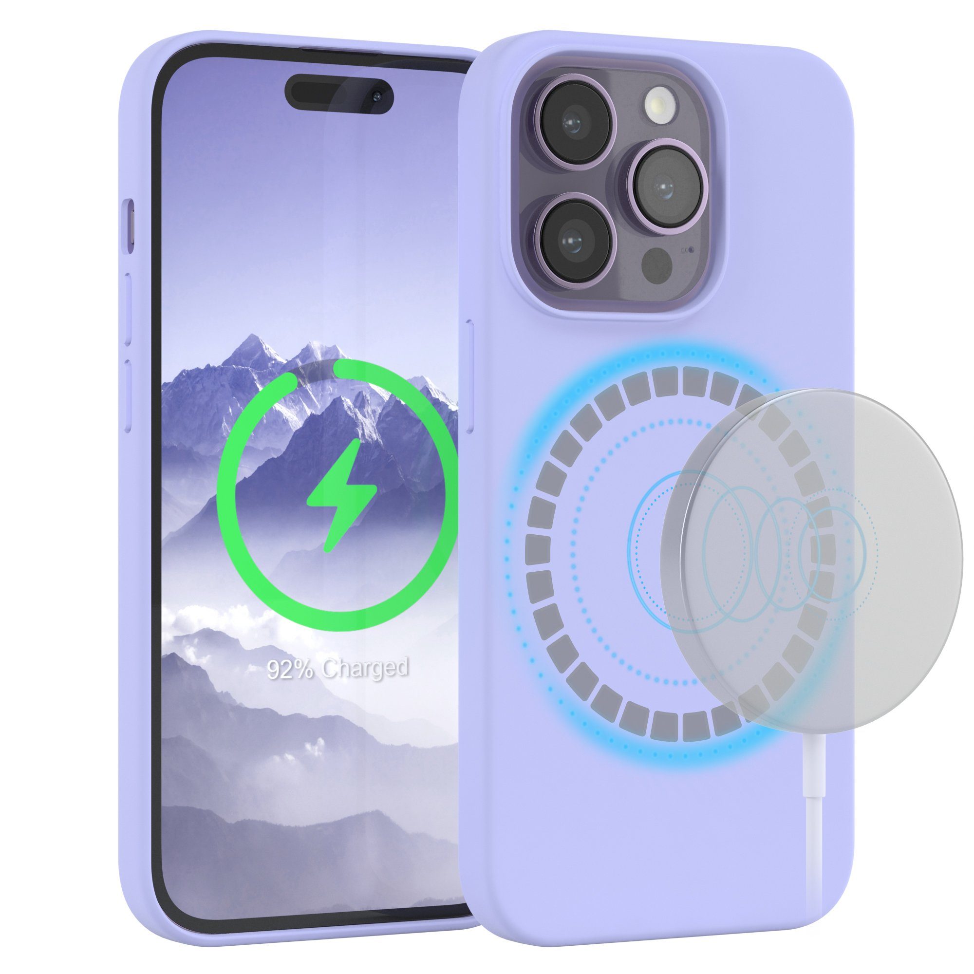 EAZY CASE Handyhülle Silikonhülle mit MagSafe für Apple iPhone 14 Pro 6,1 Zoll, Handytasche aus Silikon Slimcover mit Displayscchutz Violett Lavendel