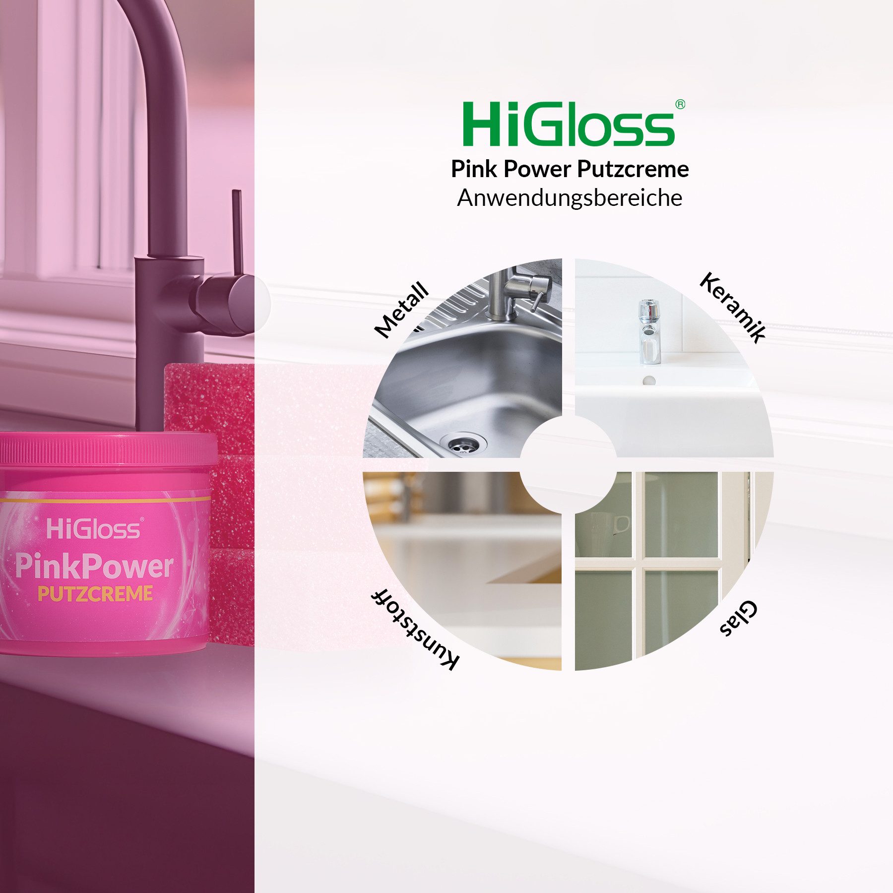 HiGloss Pink Power Putzcreme Putzstein (4-St. 700g inkl. 3 Schwämme Multireiniger Metall, Keramik, Kunststoff, Reinigungspaste)