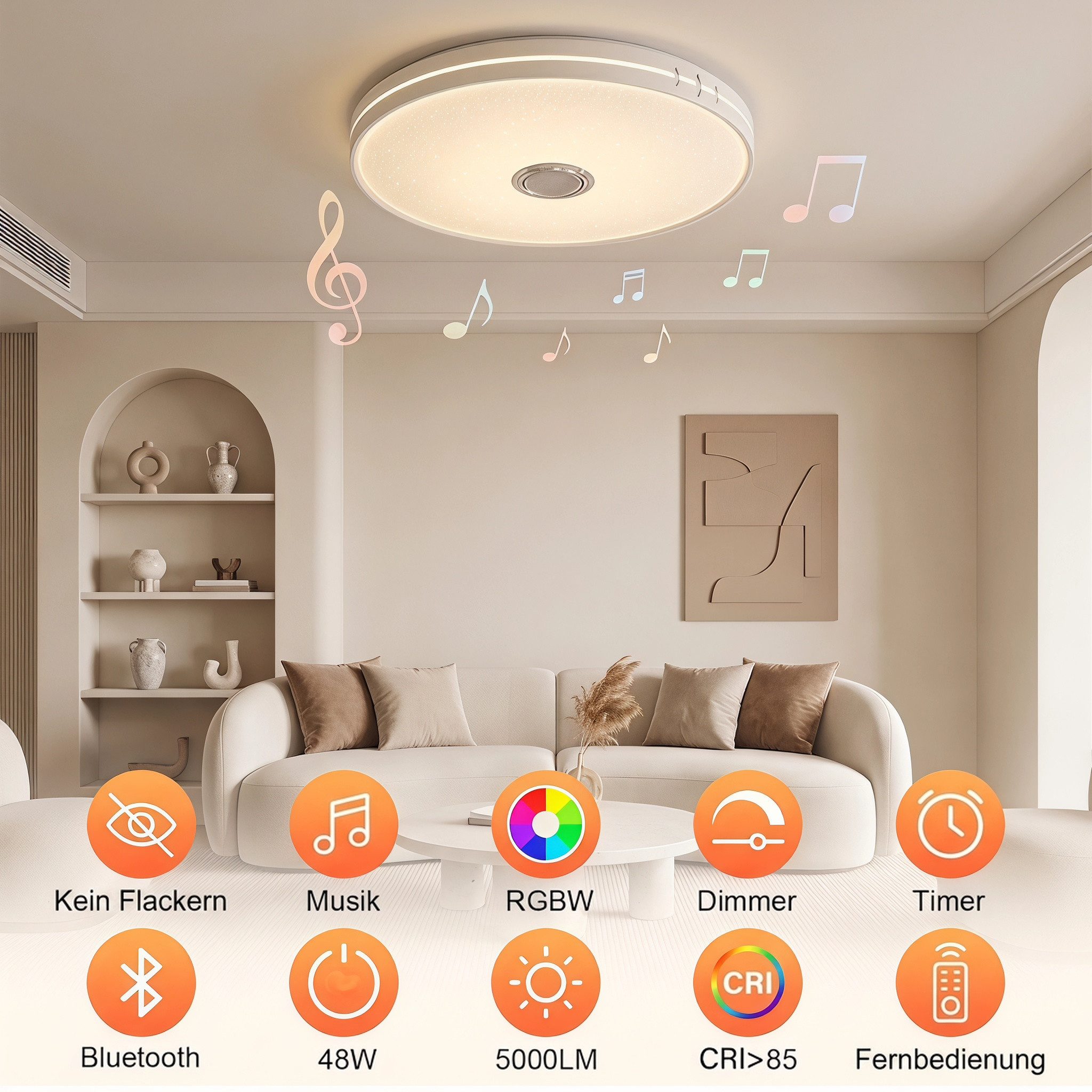 oyajia Deckenleuchte 55W Smart LED Deckenleuchte RGB Dimmbar mit Bluetooth Lautsprecher, LED fest integriert, Kaltweiß+Naturweiß+Warmweiß+RGB, RGB Deckenleuchte mit Fernbedienung und APP-Steuerung für Schlafzimmer