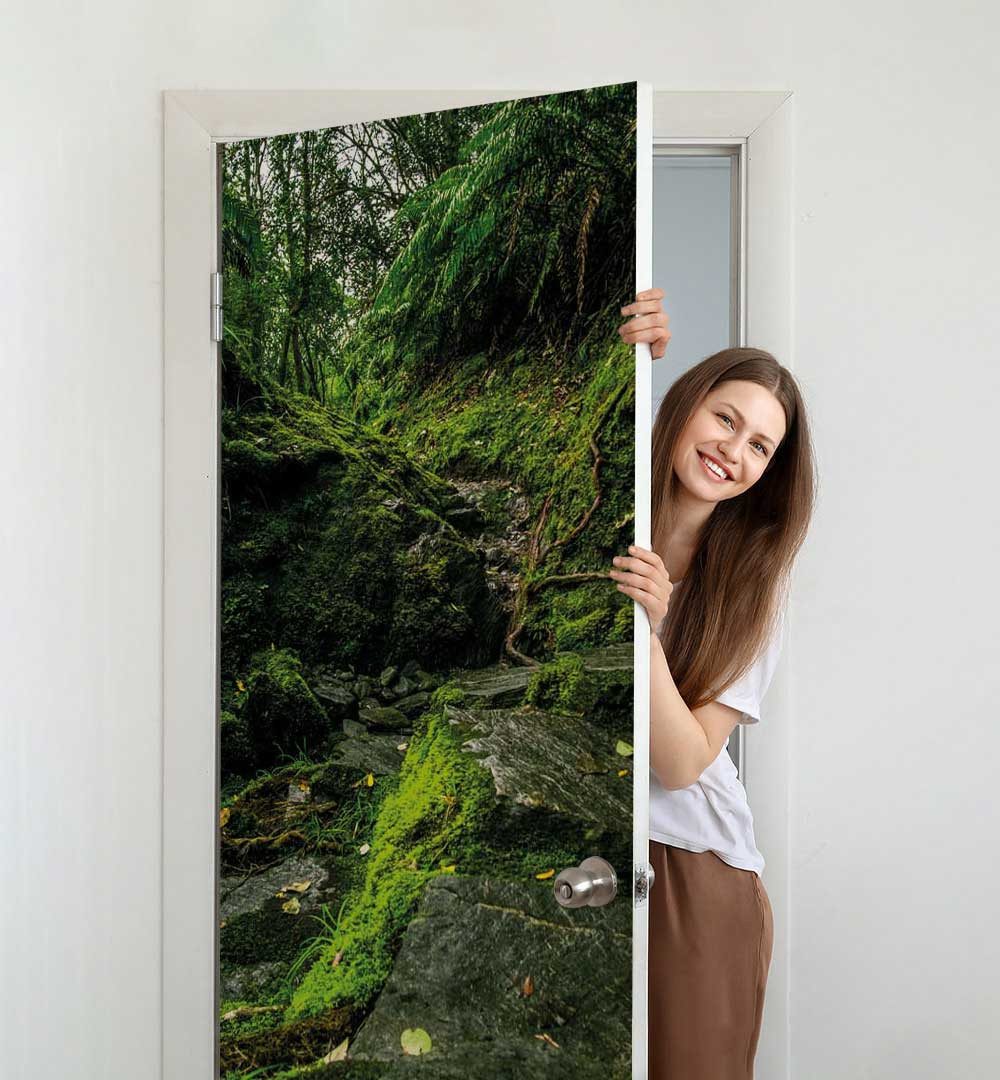 Thumbnail - MyMaxxi Dekorationsfolie Türtapete Türposter Türfolie selbstklebend Zugewachsener Wald, (Waldweg Blätter, 1St.}, Klebefo...