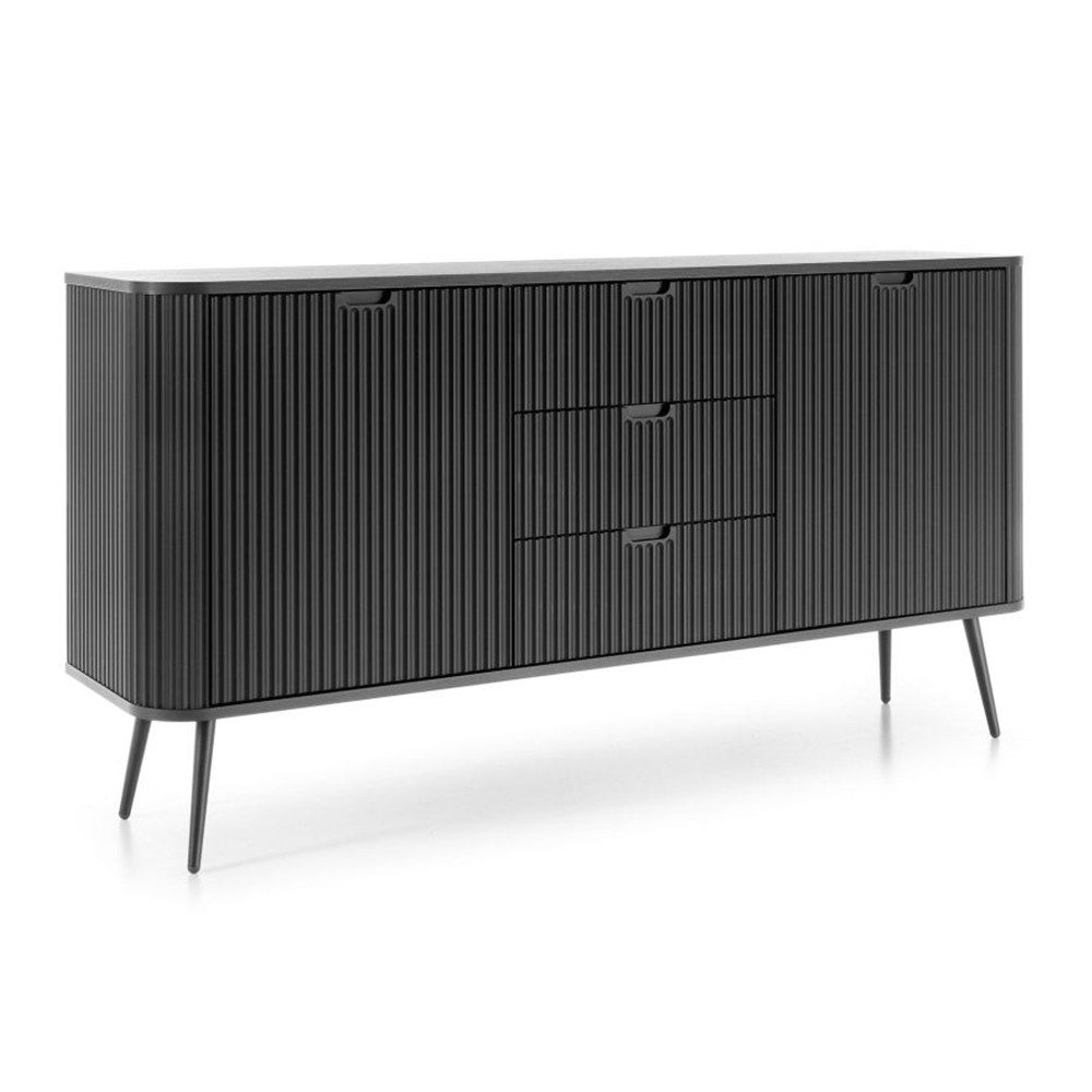 Lomadox Sideboard ZARA-160, in schwarz Rillen gerillt Füße schwarz Türen Schubladen 168x87x39 cm