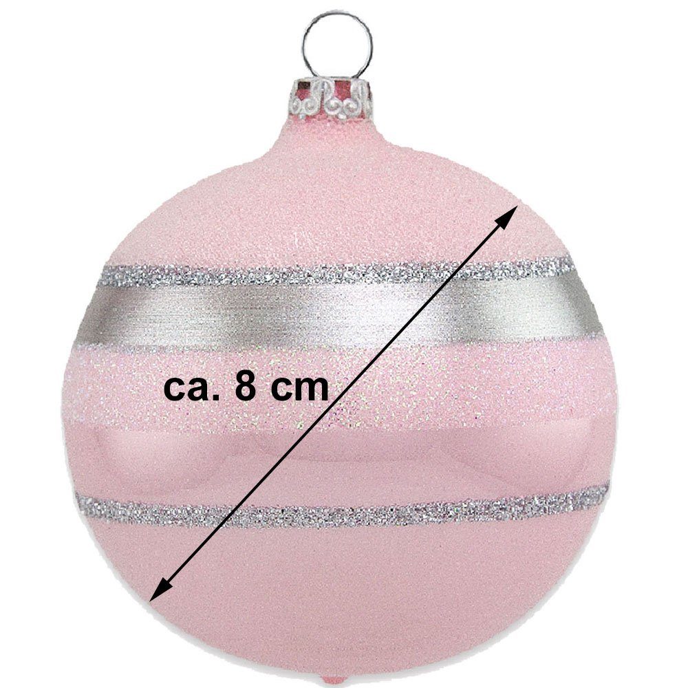 Thüringer Glasdesign Weihnachtsbaumkugel Ø 8 cm - Glitterstreifen Rosa Opal (3 St), aus Glas