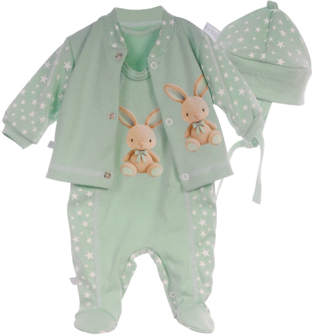 La Bortini Ползунки Baby Set Ползункиhose Hemdchen Mütze Anzug in Mintgrün mit Hasen aus reiner Baumwolle, 44 50 56 62 68 74 Erstlingsausstattung