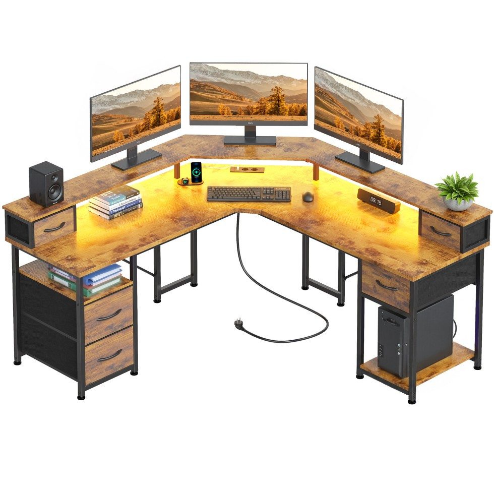 Klyvvo Schreibtisch 137x137 cm L Form Gaming Schreibtisch mit LED für Gaming, Homeoffice (1-St., Computertisch mit 5 Schubladen, Ergonomisch Monitorständer, LED), USB-Ladeanschluss und Steckdose,Eckschreibtisch, Braun