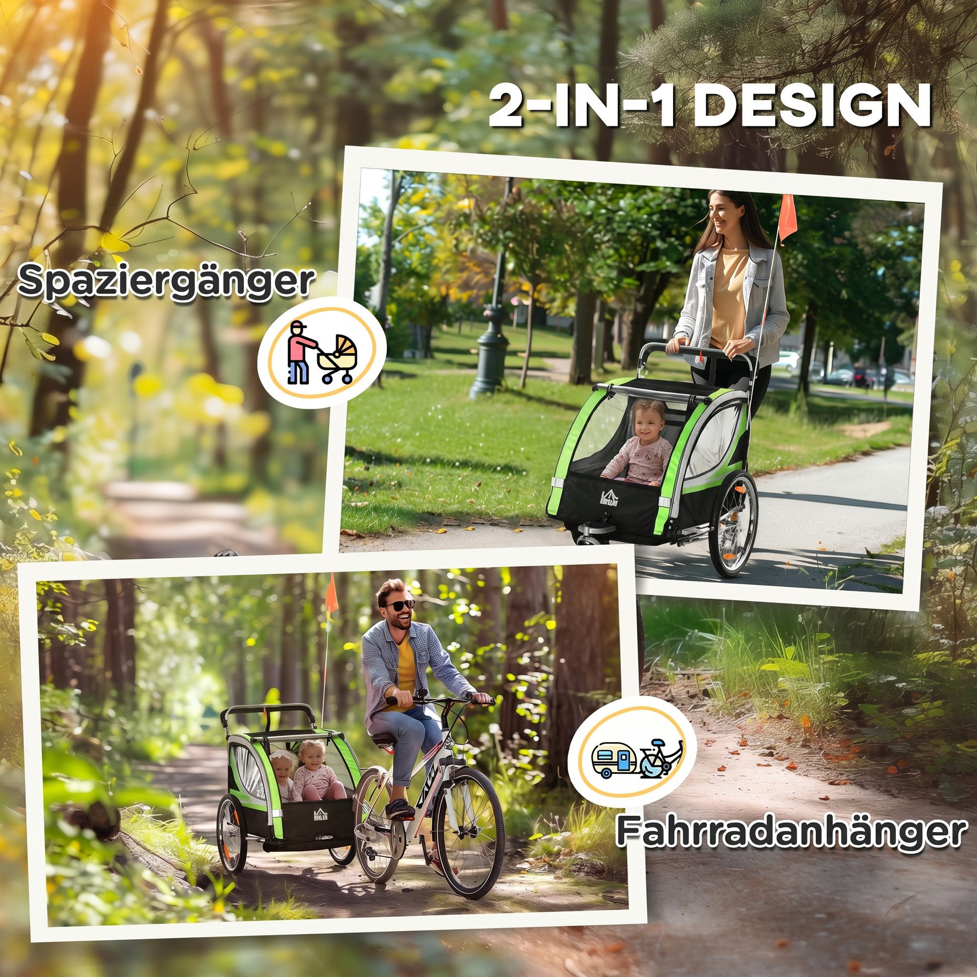 HOMCOM Fahrradkinderanhänger Kinderanhänger, Fahrradanhänger, für 2 Kinder, grün, für Garten, Balkon, Grün+Schwarz – Bild 4 von 5