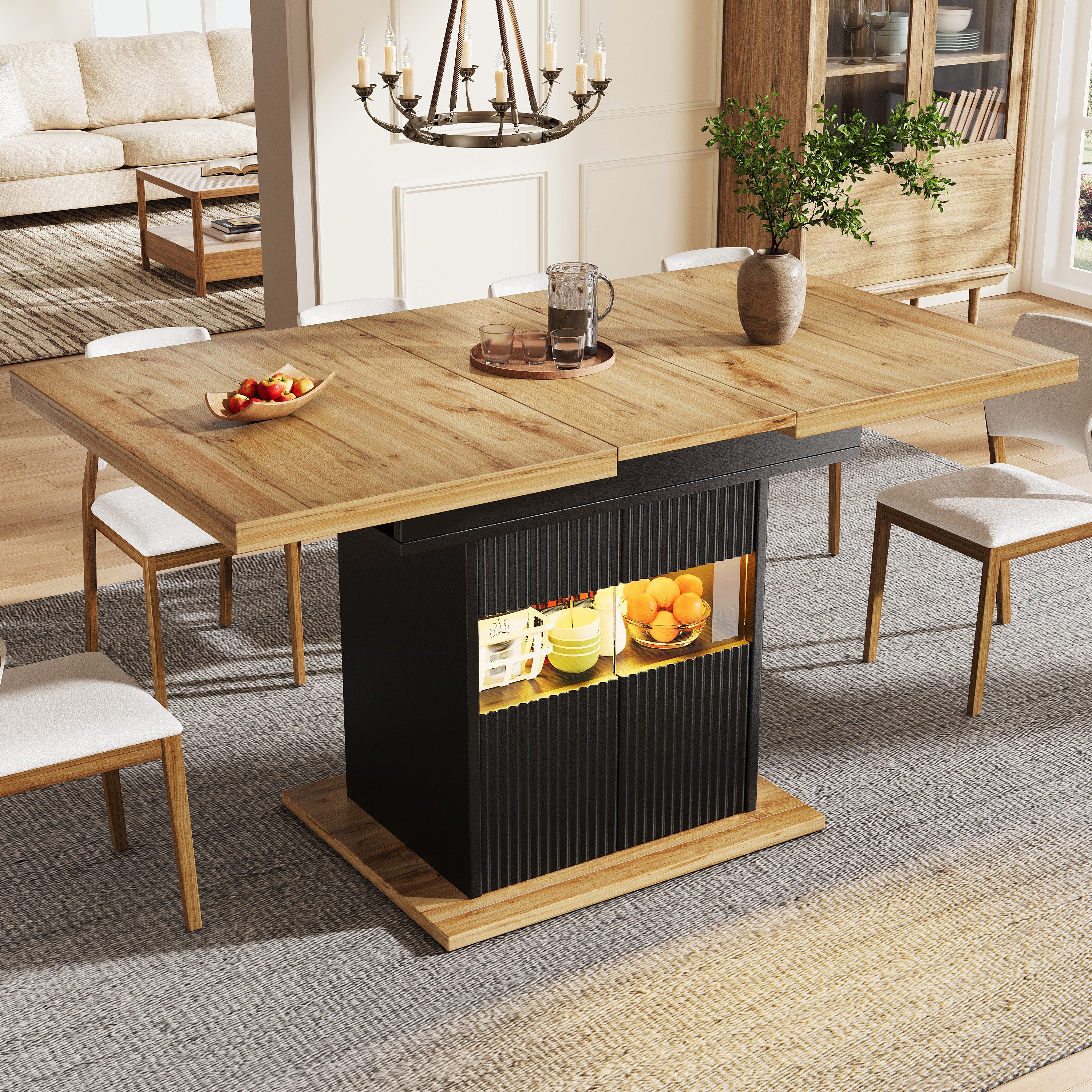 Flieks Esstisch ausziehbar Küchentisch mit LED-Beleuchtung (erweiterbare Tischplatte in Holzoptik, Länge110-140x80x76 cm, 1-St., 1 Tisch), rechteckig Arbeitstisch mit 2 Glastüren und verstellbaren Einlegeboden