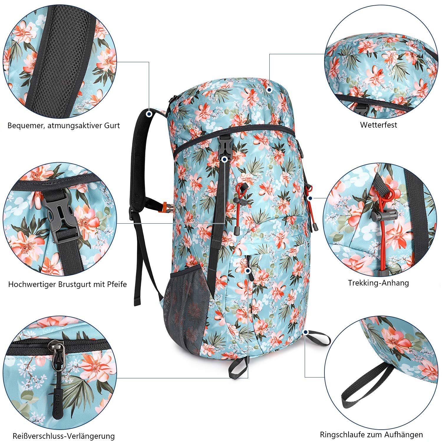 G4Free Wanderrucksack, Unisex Ultraleicht Faltbarer Blume Wanderrucksack L 35 Blaue