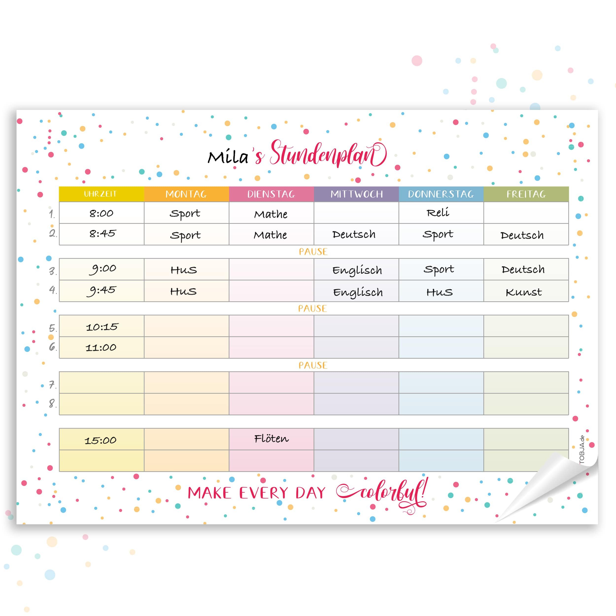 TOBJA Настенный календарь Stundenplan Dots Bunt - Block 25 Seiten, Stundenplan 1. Klasse A4 Füllung Schultüte