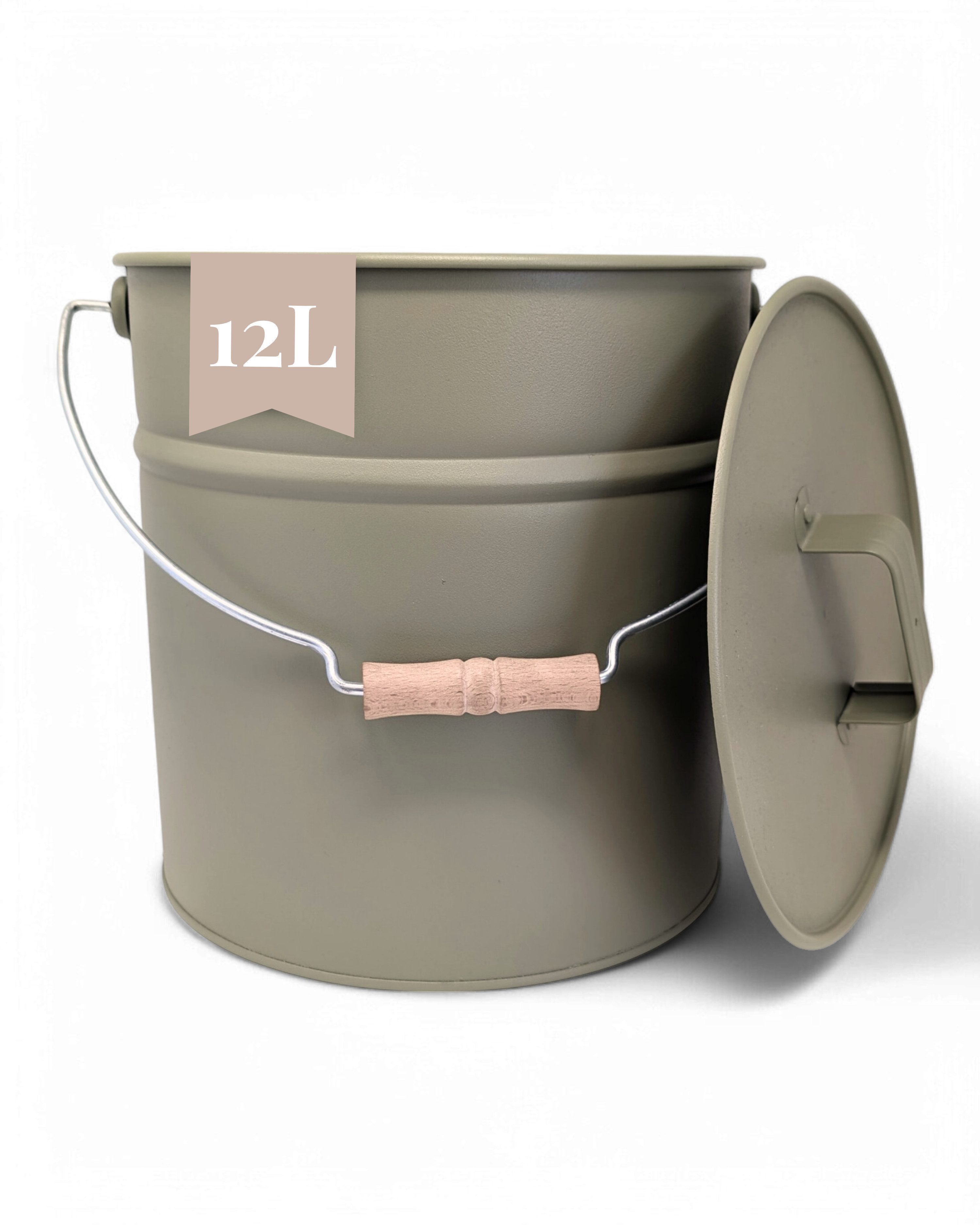 LIVLIG Aschekasten Ascheeimer mit Deckel, Metalleimer, 12L, Matte Pulverbeschichtung, Made in Europe, Deckel mit Holzgriff