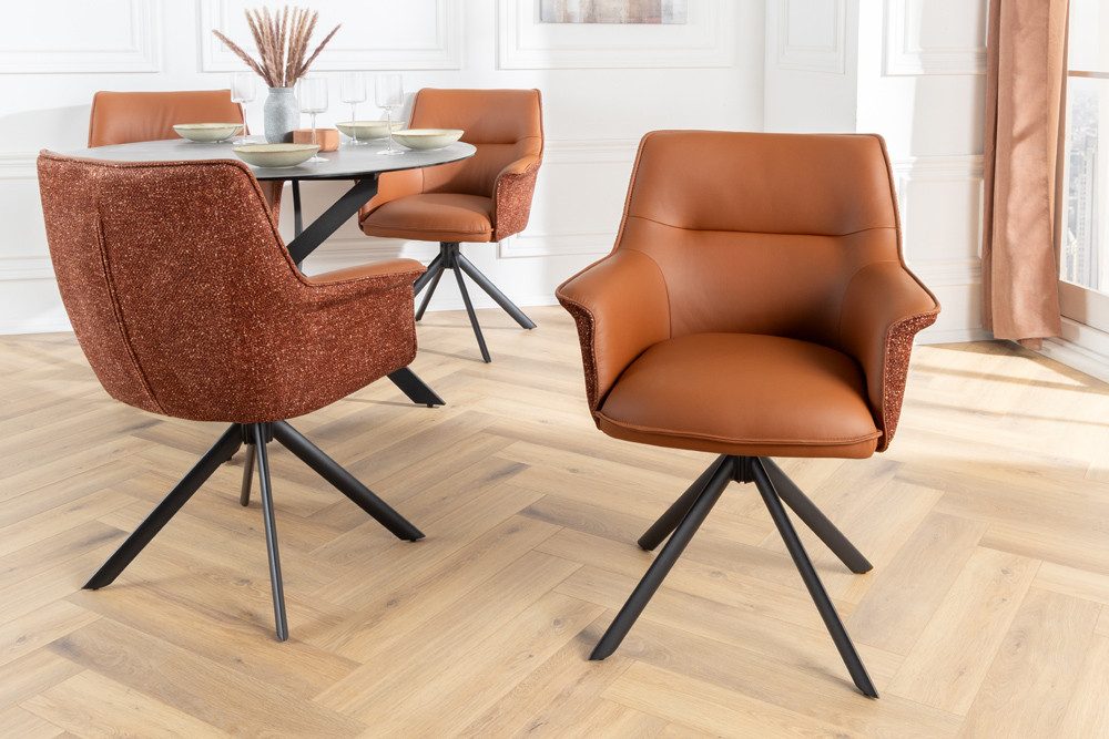 riess-ambiente Drehstuhl LE GRAND cognac – Echtleder, Strukturstoff, 180° drehbar, mit Armlehne (Einzelartikel, 1 St), mit Metallgestell & Auto-Return-Funktion – ideal für Deinen Esstisch