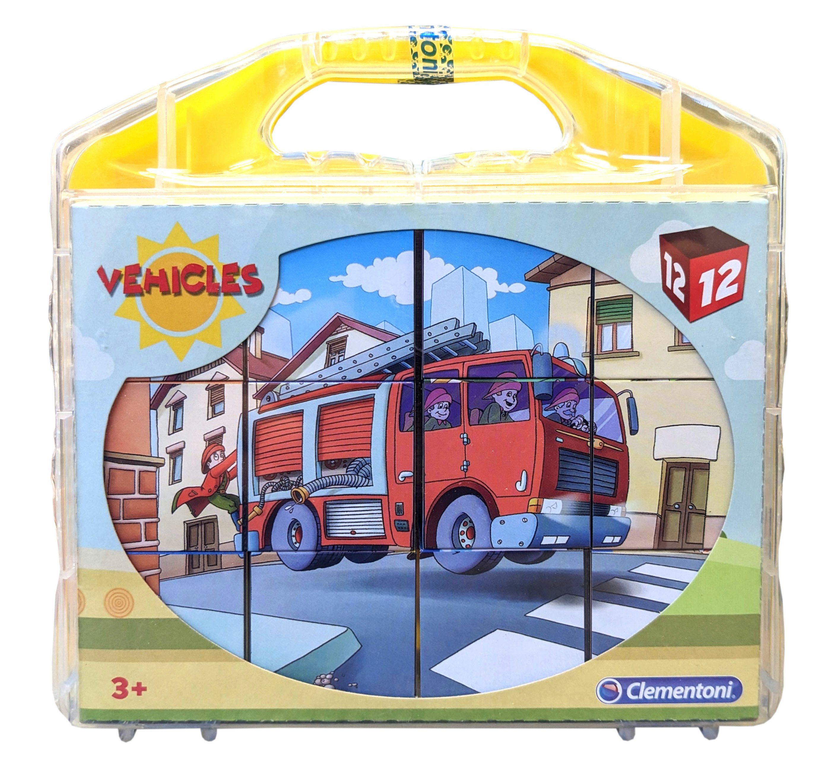 Clementoni® Koffer 12 Teile) Würfelpuzzle Fahrzeuge, (12 Puzzleteile Puzzle Vehicles im